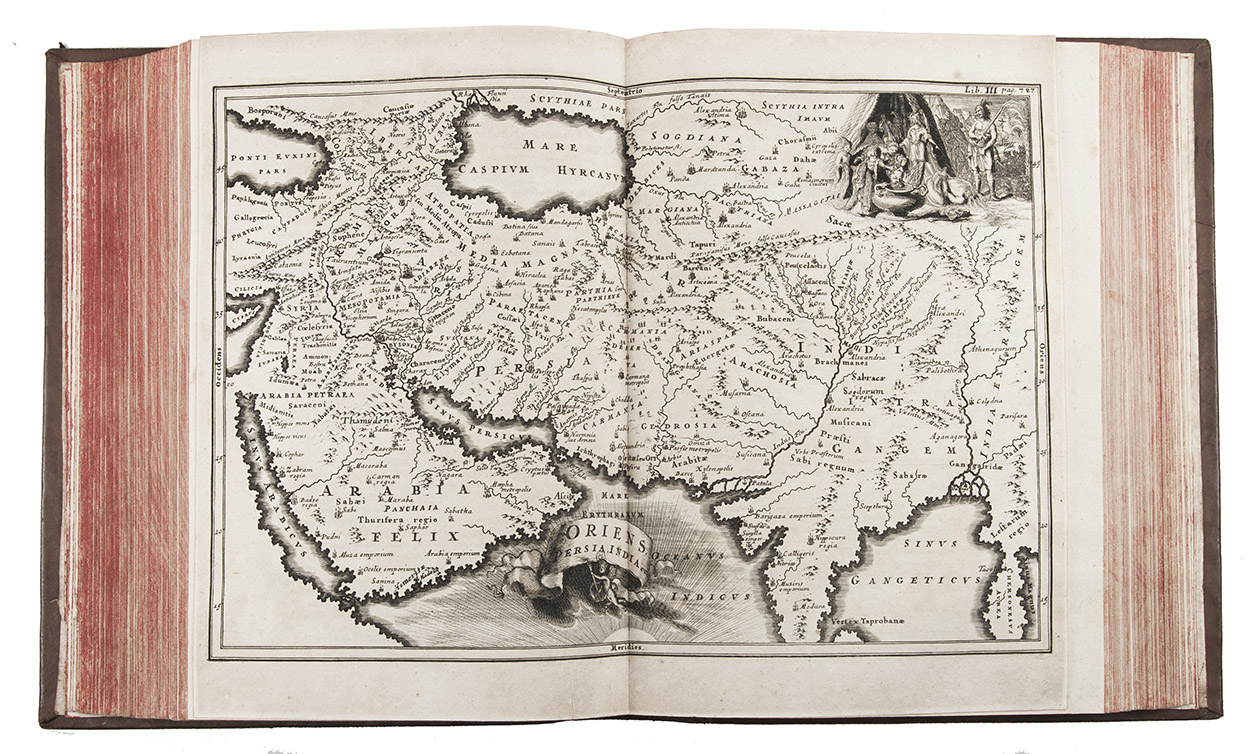 CELLARIUS, Christoph. - Notitia orbis antiqui, sive geographia plenior, ab ortu rerumpublicarum ad constantinorum tempora orbis terrarium faciem declarans.  et novis tabulis geographicis  illustravit.(Volume 1:) Cambridge, John Owen, 1703; (volume 2:) Amsterdam, Caspar Fritsch, 1706. 2 volumes. 4to. With engraved author's portrait, 33 engraved double-page maps and 1 engraved double-page plate. Contemporary calf, richly gold tooled spines and binding edges, double gilt fillets on sides.