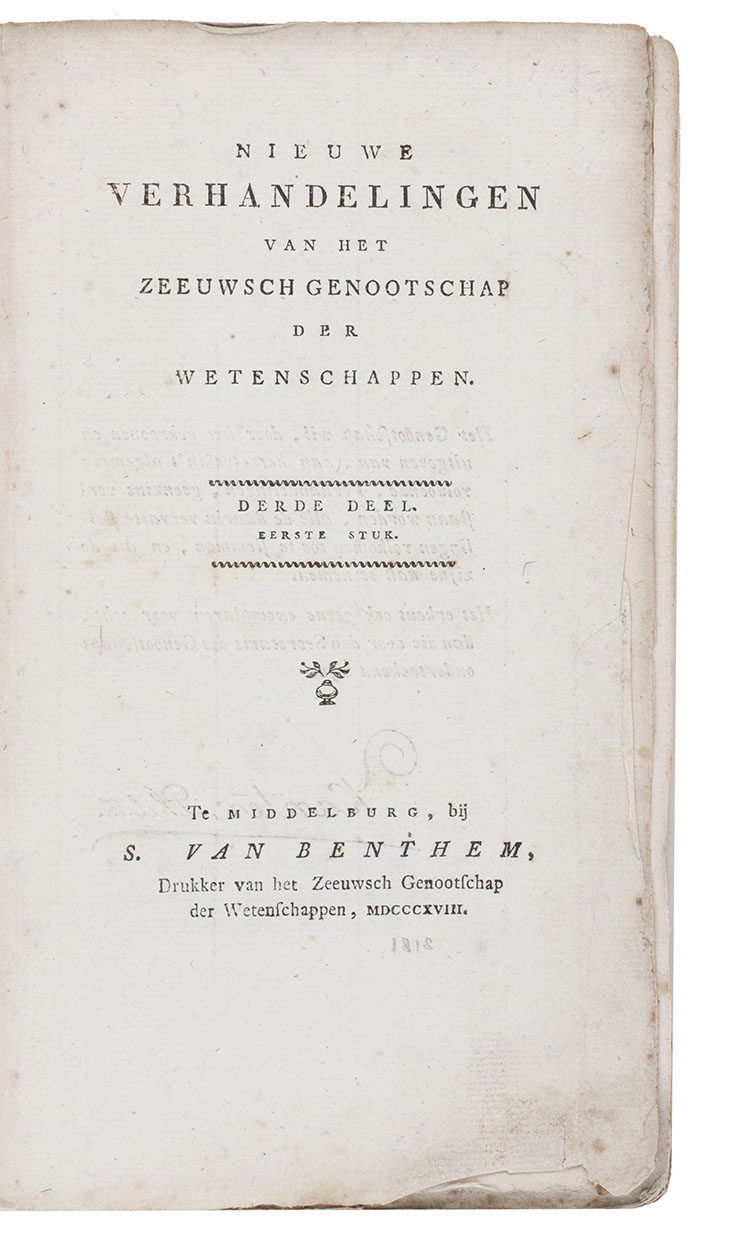 LAMBRECHTSEN, Nicolaas Cornelis. - Korte beschrijving van de ontdekking en der verdere lotgevallen van Nieuw-Nederland, weleer eene volkplanting van het gemeenebest der Vereenigde Nederlanden in America.Middelburg, S. van Benthem, 1818. 8vo. With a large folding map (plate size 54.5 x 42 cm). Contemporary paper wrappers, with parts of the publisher's original printed-paper spine.
