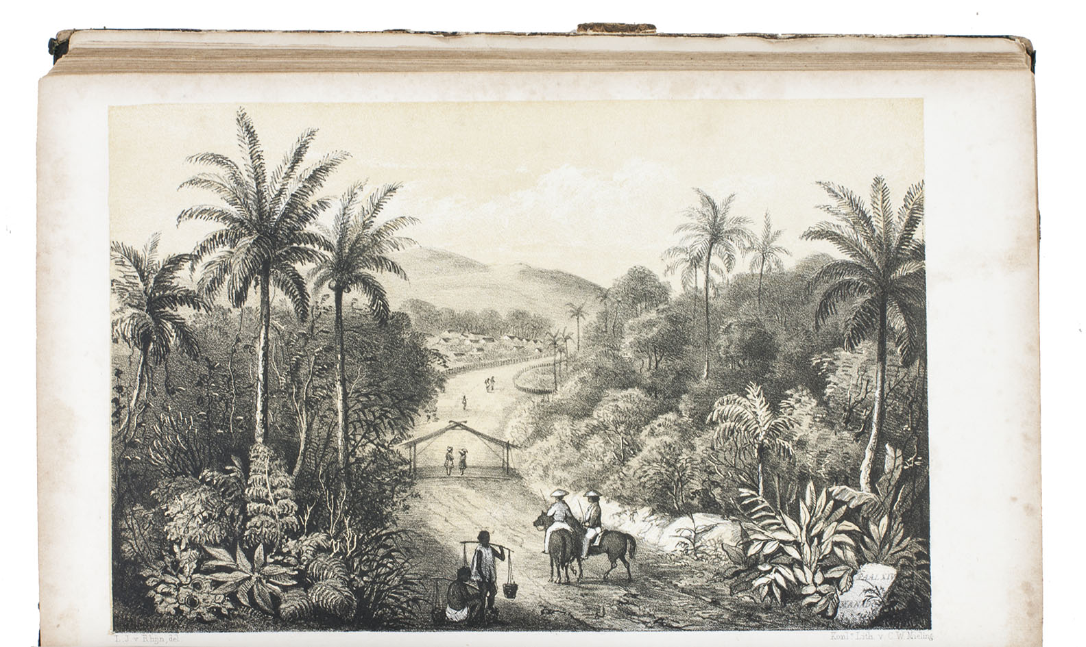RHIJN, Leonard Johannes van. - Reis door den Indischen Archipel, in het belang der evangelische zending.Rotterdam, M. Wijt & zonen, 1851. 8vo. With 1 chromolithographed and 4 lithographed folding maps and 8 tinted lithographed illustrations. Rebacked in modern half cloth and the original gold-tooled green sheepskin backstrip laid down.