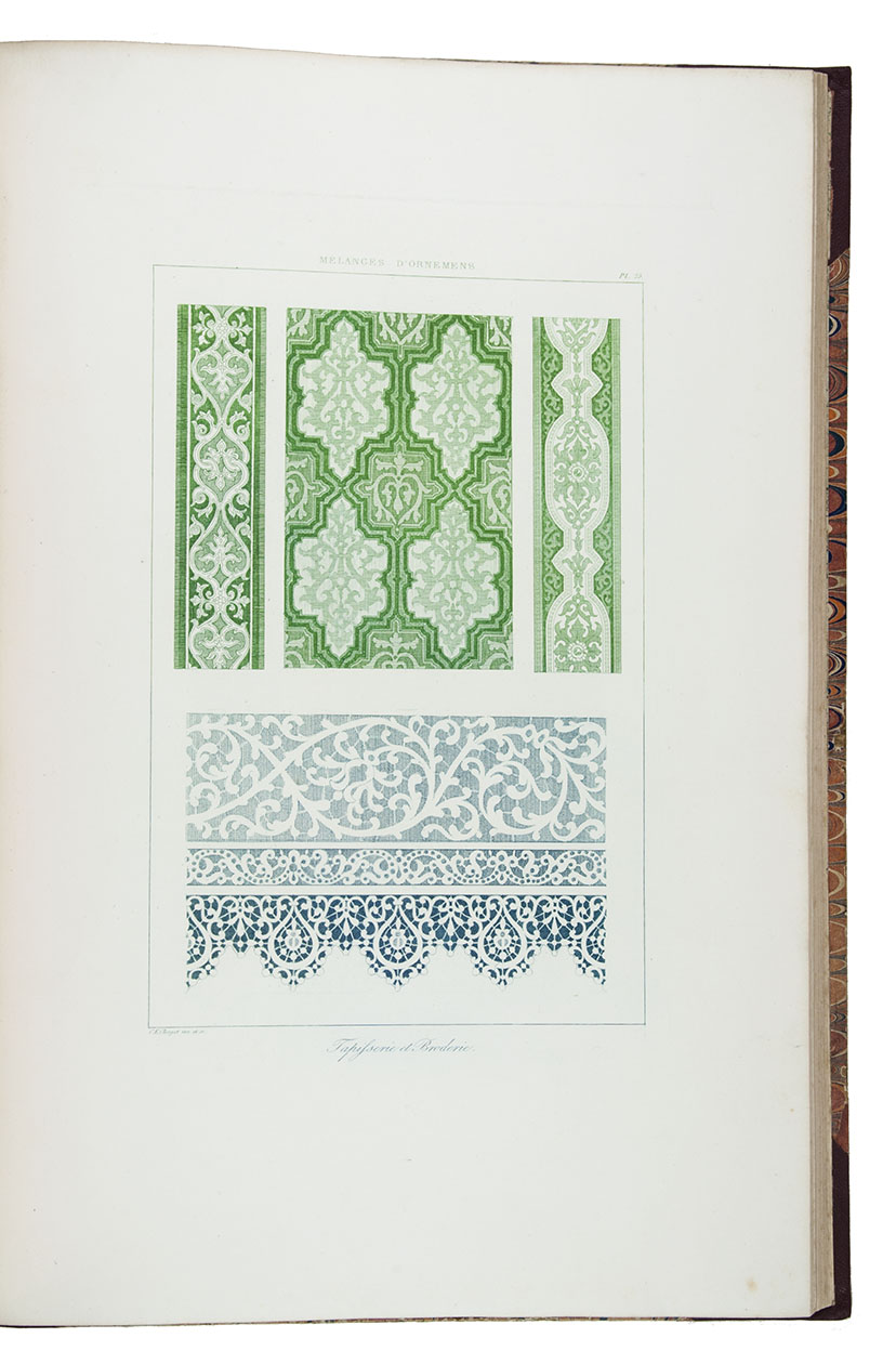 CLERGET, Charles Ernest. - Mlanges d'ornements de tous les styles Persan - Mauresque - Arabe - Grec - Gothique [-] Renaissance principalement des XVIe et XVIIe sicles ...Paris, Ducher & Cie (colophon: printed by Eugne Heutte & Cie), [ca. 1880 (engraved 1837-1838)]. Royal folio (45 x 31 cm). With 2 elaborately ornamented part-titles, 70 numbered ornament plates (all 72 plates 
