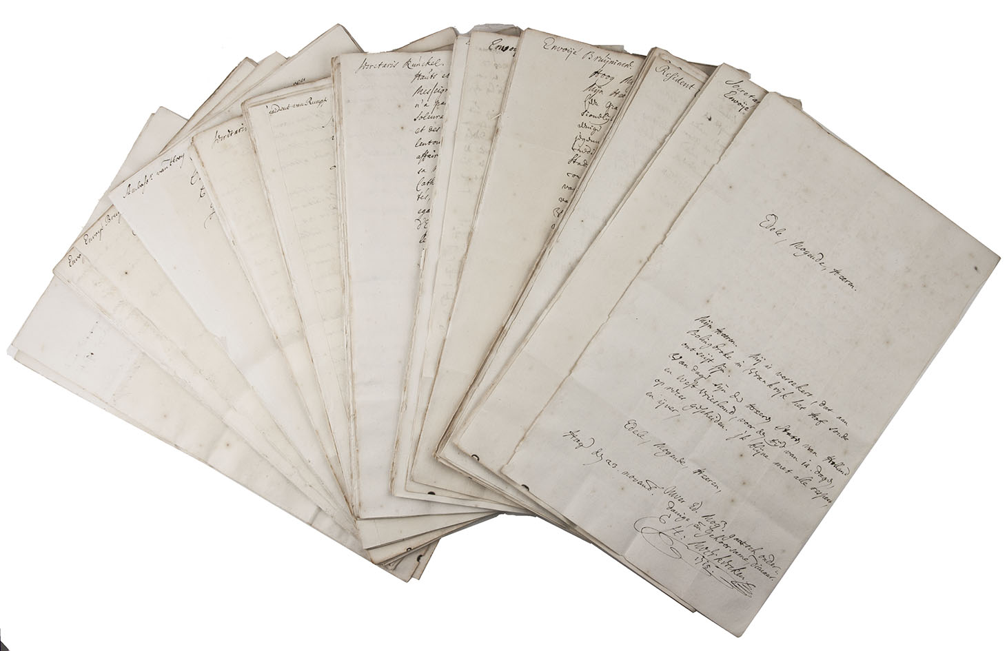 [LETTERS - DIPLOMATIC]. - [Official contemporary copies of incoming diplomatic correspondence to the Dutch government in The Hague from Dutch ambassadors, envoys, diplomatic residents and others in Vienna, Graz, Schaffhausen, Turin, Madrid, Paris, Stockholm, Copenhagen, Moscow, Cologne, Frankfurt, Dresden, Regensburg, Warsaw, Grodno, Maastricht, The Hague, Brussels and Ostend].[The Hague], letters dated 26 January-17 December 1715 and 7 November 1725-22 November 1729. Folio (32.5 x 20.5 cm). 96 letters clearly written in dark brown ink on paper, 84 in Dutch and 12 in French, mostly in a Latin hand (the Dutch ones from 1715 in a semi-gothic hand). Loose leaves in a modern portfolio.