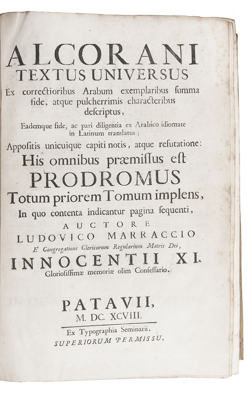 [QURAN - ARABIC & LATIN]. MARRACCI, Ludovico (editor). - Alcorani textus universus ex correctioribus Arabum exemplaribus summa fide, ... Eadem fide, ... in Latinum translatus; appositis unicuique capiti notis, atque refutatione: ...[vol. 2 title:] Refutatio Alcorani, in qua ad Mahumetanicae superstitionis radicem securis apponitur; ...Padova, Typographia Seminaria, 1698. 2 volumes bound as 1. Folio (35.5 x 25 cm). Blind-tooled vellum (ca. 1800?), reusing and retooling vellum from a slightly earlier blind-tooled binding.