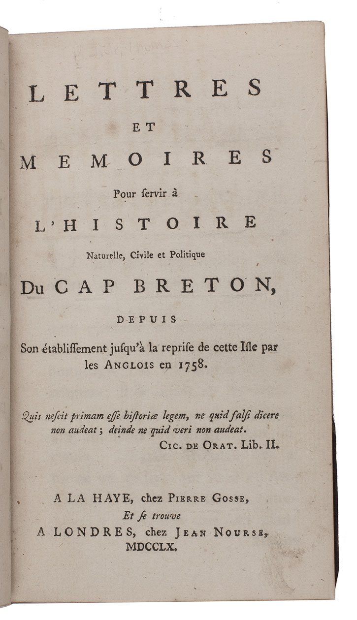 [PICHON, Thomas]. - Lettres et memoires pour servir  l'histoire naturelle, civile et politique de Cap Breton, ...The Hague, Pierre Gosse; London, Jean Nourse [printed in England], 1760. 12mo. Half brown morocco (ca. 1885?), by Frank J. Pfister in New York, gold-tooled spine, round gold stamp of Henry Gurdon Marquand on the front.