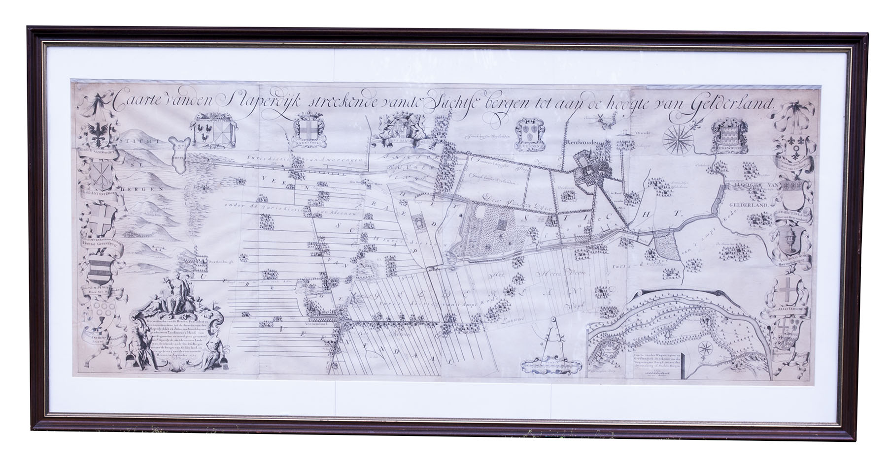 [MAP - NETHERLANDS - GELDERSE VALLEI]. BROECKHUIJSEN, Justus van. - Caarte vanden Slaperdijk streckende vande Stichtse bergen tot aan de hoogte van Gelderland.Utrecht, Slaperdijk Managing Board (College tot Directie van de Slaperdijk), (engraved:) 1705. Engraved wall map printed on 8 sheets (measuring: 76 x 194 cm as assembled) by Caspar Specht after Justus van Broeckhuijsen (scale ca. 1:5600). Framed (107 x 220 cm).