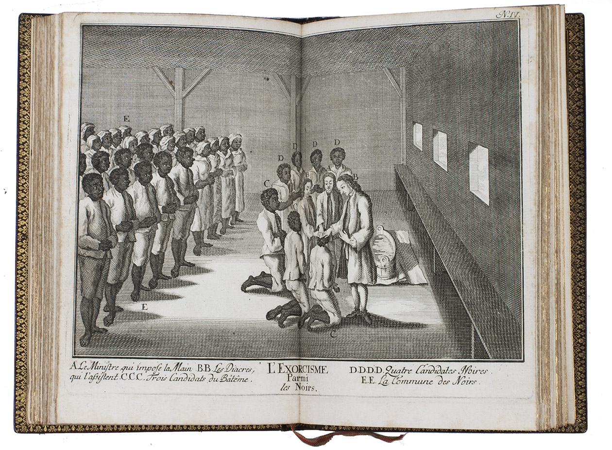 [CRANZ, David and/or J.K. ULRICH]. - Brive & fidle exposition de l'origine, de la doctrine, des constitutions, usages et ceremonies ecclesiastiques de l'eglise de l'unit des freres connus sous le nom de Freres de Boheme & de Moravie, ... avec XVI. planches.[Saxony?], 1758. 8vo. With 16 numbered double-page engraved plates. Brown morocco (Lyon, ca. 1900) with gold-tooled turn-ins, signed by L(ouis) GUTANT.