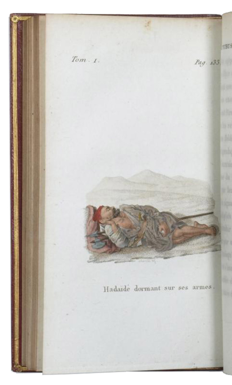 MAYEUX, F. J. - Les Bdouins, ou Arabes du dsert. Ouvrage publi d'aprs les notes indites de Dom Raphal, sur les murs, usages, lois, coutumes civiles et religieuses de ces peuples.Paris, Ferra jeune, 1816. 3 volumes. 12mo. With 24 steel engraved plates, coloured by a contemporary hand. Contemporary long-grained gold-tooled red morocco, each board with fillets and decorative frames, decorations on the raised bands, gilt edges.