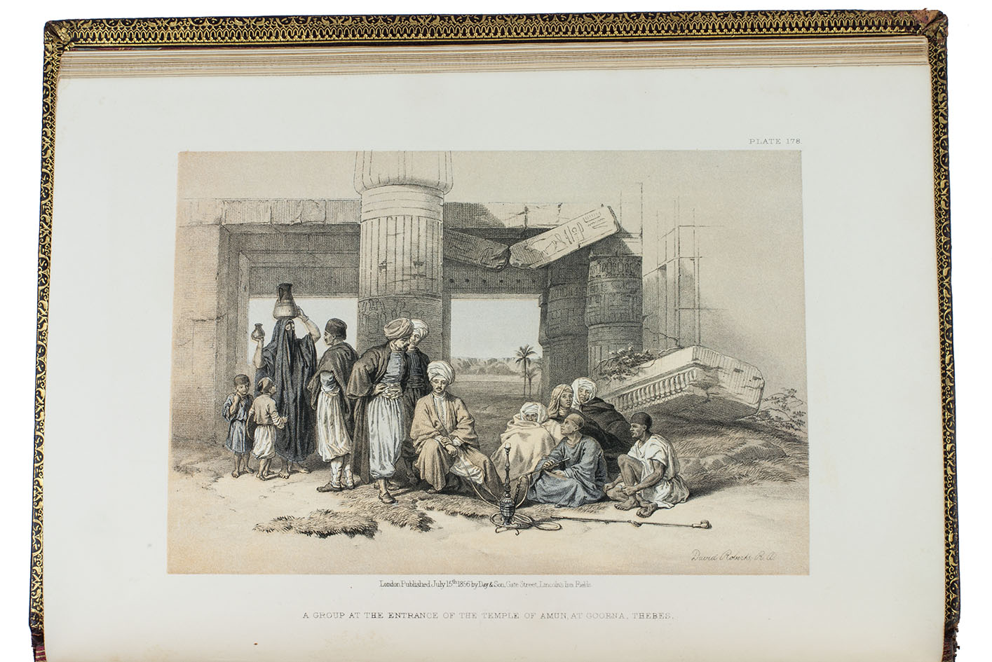 ROBERTS, David, George CROLY and William BROCKEDON. - The Holy Land, Syria, Idumea, Arabia, Egypt & Nubia.London, Day & son (vol. 3: New York, D. Appleton & Co.), 1855-1856. 6 volumes bound as 3. Imperial 8vo (30 x 22 cm). With 250 numbered plates (including 6 tinted lithographed title-pages, 2 stone-engraved maps and 239 tinted and double-tinted lithographed and 2 chromolithographed views). Contemporary, richly gold-tooled reddish-brown morocco, gold-tooled turn-ins, marbled endpapers, gilt and gauffered edges. With thin paper guard leaves facing each plate.