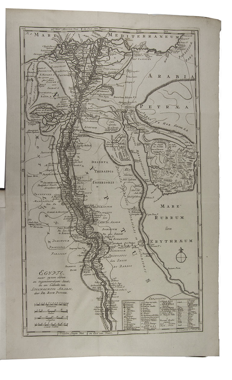 POCOCKE, Richard. - Beschryving van het Oosten, en van eenige andere landen, …Utrecht, Gijsbert Tieme and Abraham van Paddenburg; Rotterdam, Jacobus Bosch and Reinier Arrenberg; Amsterdam, Martinus de Bruyn, 1776-1786. 3 volumes (in 6 parts) bound as 6. 4to. With 205 engraved folding plates (irregularly numbered I-CIII), including maps, plans, views and other illustrations, depicting temples, antiquities, plants, animals, etc. Contemporary half calf.