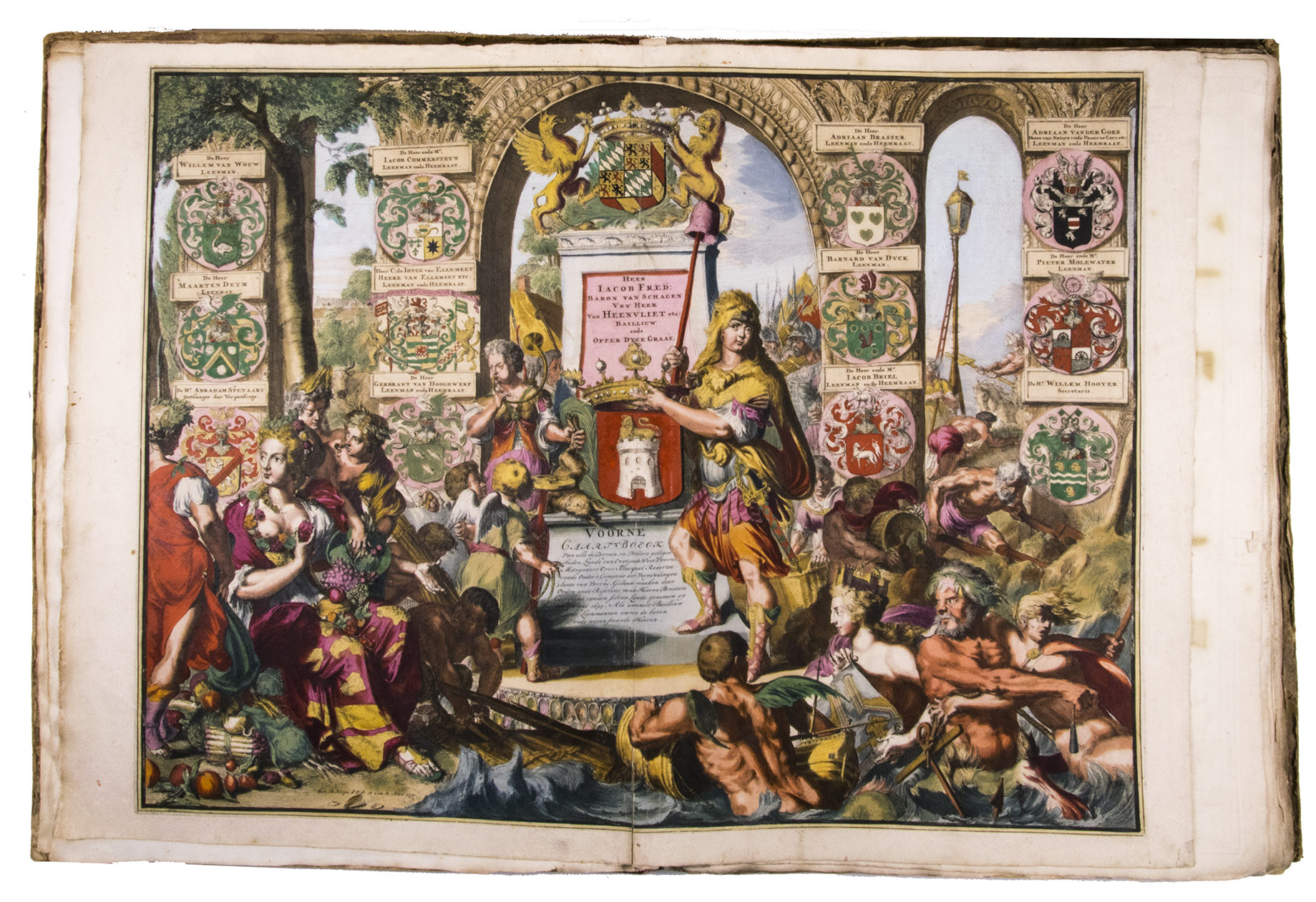 DIJCK (DYCK), Heyman van. - Voorne caart-boeck van alle de dorpen, en polders gelegen inden lande van Oost, ende West Voorne, mitsgaders over Flacque.[Netherlands, ca. 1701]. Imperial folio (ca. 55 x 38 cm). Etched double-page title-page by Romeyn de Hooghe, dated 