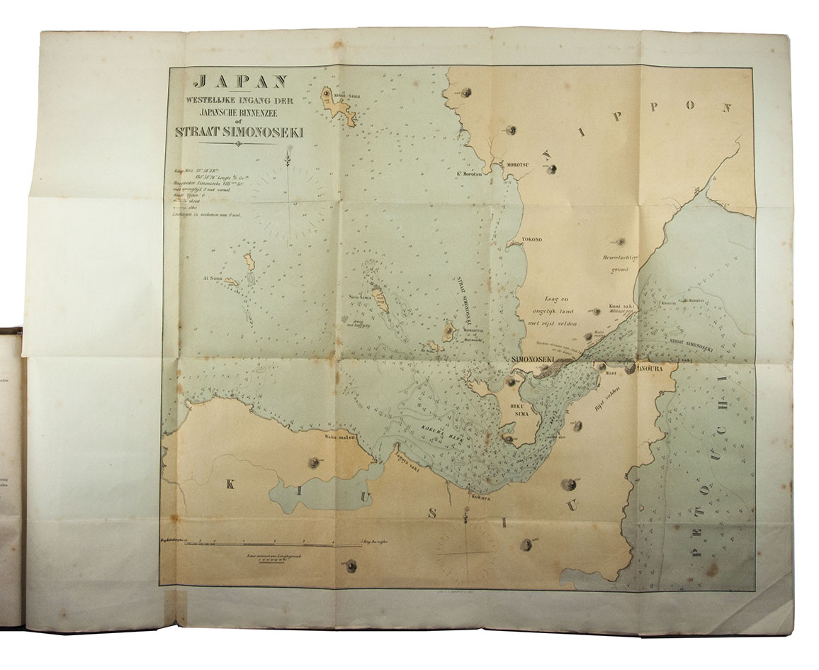 CASEMBROOT, Franois de. - De Medusa in de wateren van Japan, in 1863 en 1864.The Hague, Van Cleef brothers, 1865. 8vo. With wood-engraved device on title-page and 5 tinted lithographed folding maps. Modern half sheepskin, with the original publisher's wrappers (with Dutch flag on front and back, coloured by hand) bound in.