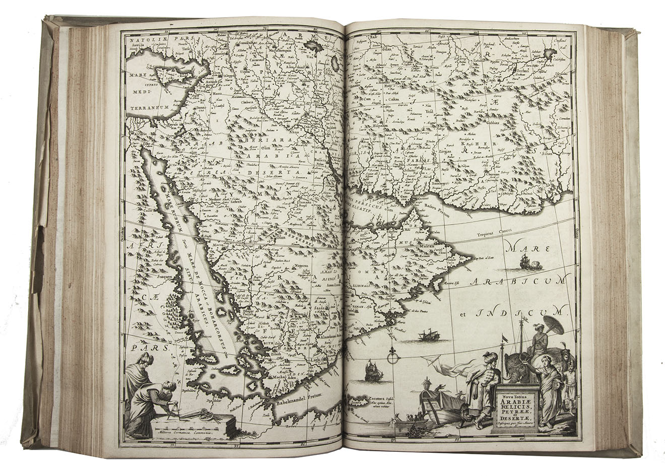 DAPPER, Olfert. - Naukeurige beschryving van Asie: behelsende de gewesten van Mesopotamie, Babylonie, Assyrie, Anatolie, of Klein Asie: beneffens eene volkome beschrijving van gantsch gelukkigh, woest, en petreesch of steenigh Arabie Amsterdam, Jacob Meurs, 1680. 2 parts in 1 volume. Folio. With engraved frontispiece, 16 engraved views and maps (2 folding, 14 double-page), and 22 engraved illustrations in the text. Contemporary blind-tooled vellum.