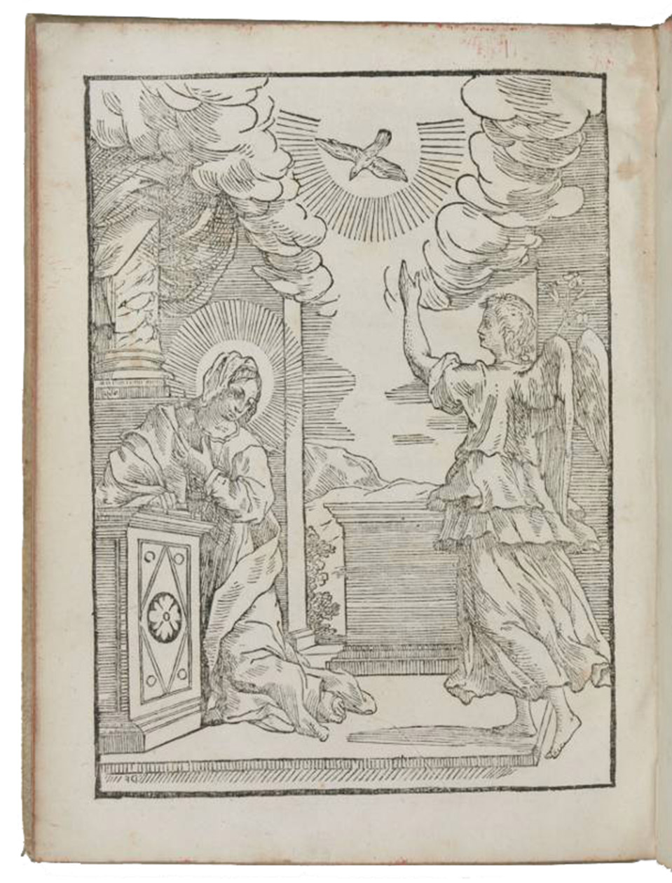 BELLARMINO, Roberto. - Dottrina Cristiana composta dall...Rome, Propaganda Fide, 1786. Large 4to. With 4 woodcuts on 3 plates, 1 full-page woodcut on the back of the title-page, and a few woodcut initials, factotums and decorations, as well as frames, factotums and decorations built up from arabesque and rococo typographic ornaments. Set in three columns in Ethiopic, roman and Arabic type. Contemporary vellum, gold-tooled spine title, red sprinkled edges.