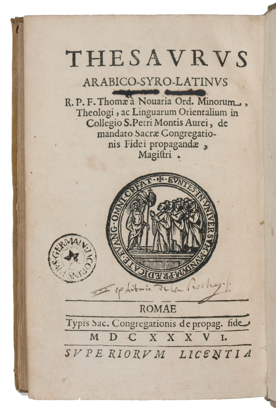 OBICINI, Tommaso and Elija bar SHINAJA (Elias BARSINAEUS) of Nisibis. - Thesaurus Arabico-Syro-Latinus.With: Index alphabeticus. Rome, Propaganda Fide, 1636. 2 parts in 1 volume. 8vo. Set in Arabic, Syriac, roman and italic types. Contemp. reversed sheep, blank spine in five compartments.