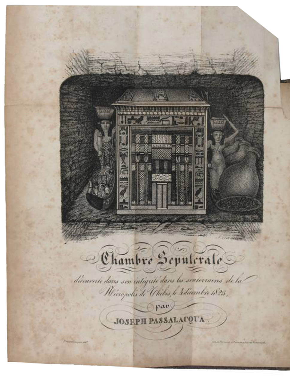 PASSALACQUA, Giuseppe. - Catalogue raisonn et historique des antiquits dcouvertes en gypte ... contenant: 1. Le catalogue ... 2. Des notes et observations ... 3. Des notices et dissertationes scientifiques ...Paris, Galerie dAntiquites gyptiennes, 1826. 8vo. With 2 folding lithographic plates. Later paper-covered boards, rebacked in cloth.