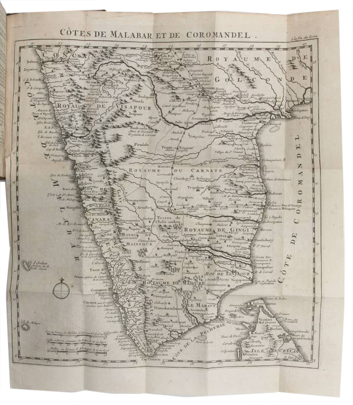 VEYSSIRE DE LA CROZE, Mathurin. - Histoire du christianisme des Indes.The Hague, the Vaillant brothers (Isaac and Paul II?) & Nicolas Prevost, 1724. 8vo. With an engraved frontispiece, the title-page in red and black with an engraved vignette, 1 folding engraved map and 3 engraved illustration plates. Contemporary calf.