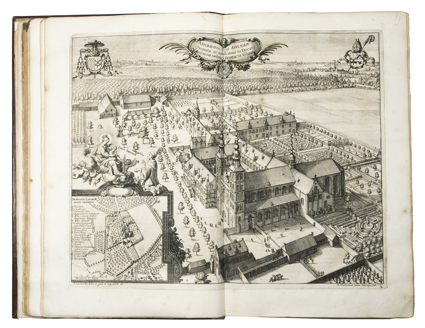 SANDERUS, Antoine. - Chorographia sacra Brabantiae sive celebrium aliquot in ea provincia ecclesiarum et coenobiorum description, Brussels, Philips Vleugaert, 1658-1660. 24 parts in 1 volume. Folio (43.5 x 28 cm). With 26 double-page engraved plates, 2 engraved portraits (the author's portrait in facsimile), 12 engravings on 6 leaves, a full-page engraving, and 10 engravings in text. Most of these are views of churches, castles and abbeys with their gardens, and many by Lucas Vorsterman the Younger. Further with engraved illustrations on 23 (of the 24) title-pages, mostly portraits of saints or coat of arms. 19th-century blind-tooled, tanned sheepskin.