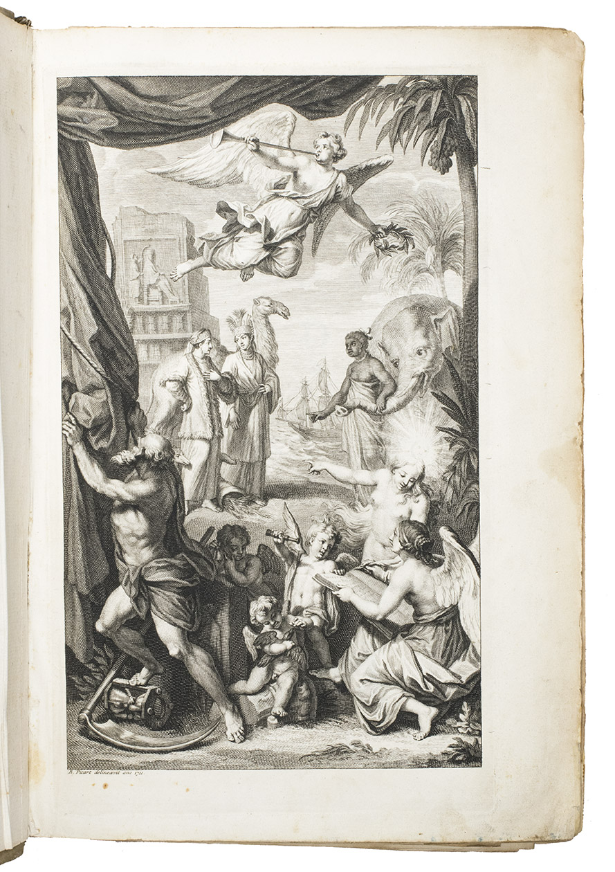 BRUYN (LE BRUN), Cornelis de. - Reizen over Moskovie, door Persie en Indie: verrykt met driehondert konstplaten, vertoonende de beroemste lantschappen en steden, ook de byzondere dragten, beesten, gewassen en platen, die daer gevonden worden ...Amsterdam, Willem and David Goeree for the author, 1711. Folio (40x25.5 cm). With engraved frontispiece by Bernard Picart, engraved author's portrait, 2 folding engraved maps, 109 engraved plates (13 folding, 55 double-page, 41 full-page) and 36 engraved illustrations in text. Contemporary blind-tooled vellum.