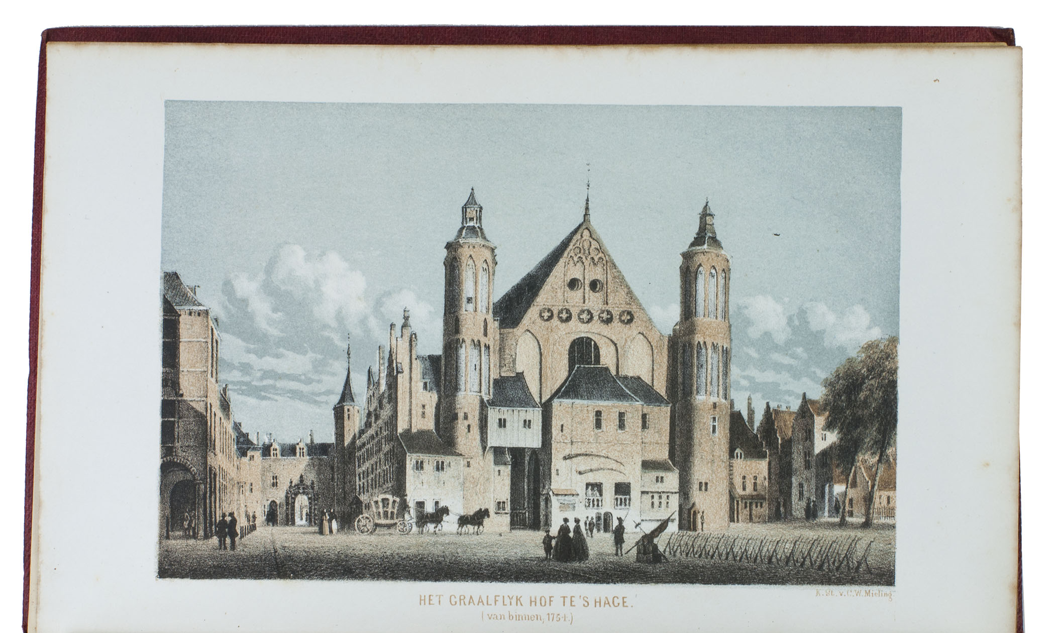 LENNEP, Jacob van and Willem Jacob HOFDIJK. - Merkwaardige kasteelen in Nederland. Derde druk.Amsterdam, G.W. Tielkemeijer, 1854-1861. 6 volumes (3 series). 8vo. With 6 chromolithographed armorial frontispieces in black, gold, silver & colours; 6 lithographed title-pages, each with a lithographed scene in black & 2 colours; 38 lithographed views of castles & mansions mostly in black & 2 colours; 2 tinted and 1 chromolithographed plates with plans, views, etc.; and 3 wood-engravings in the text. Original publisher's richly gold- and blind-blocked red cloth.
