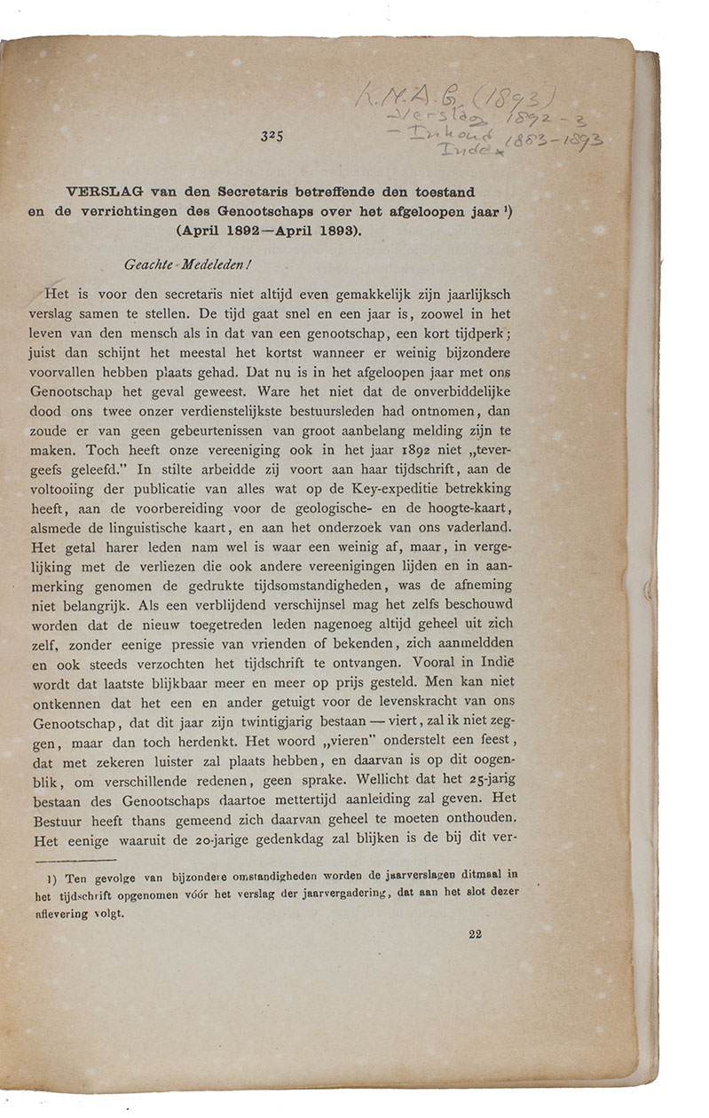 [K.N.A.G.]. - Publicaties van het Koninklijk Nederlands Aardrijkskundig Genootschap gedurende het tweede tienjarige tijdperk van zijn bestaan. K.N.A.G., [1893]. Modern stiff paper wrappers.