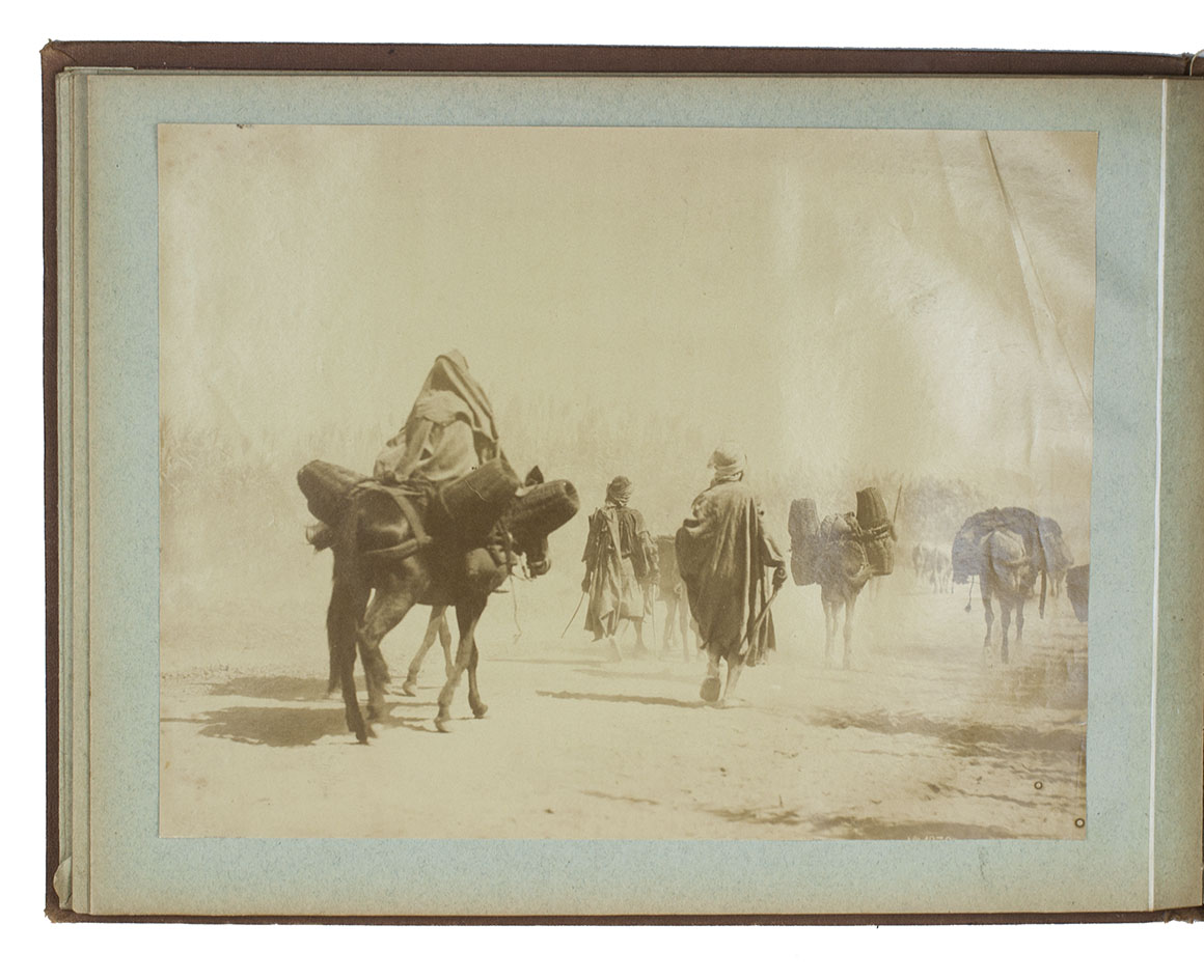[PHOTOGRAPHY - ZANZIBAR - MADAGASCAR - MAYOTTE]. - [Album with unique panoramic photographs of Zanzibar and Madagascar].[Zanzibar, Madagascar, Mayette, 1900]. Oblong album (25 x 34 cm) with 47 silver gelatin photographic prints, many with handwritten captions in French. The photographs vary in size from 8 x 5.5 cm to 27 x 20.5 cm. The 30 panorama photographs measure 5.5 x 17.5 cm. Brown cloth album made by M. Andouard in Paris, decorated endpapers.