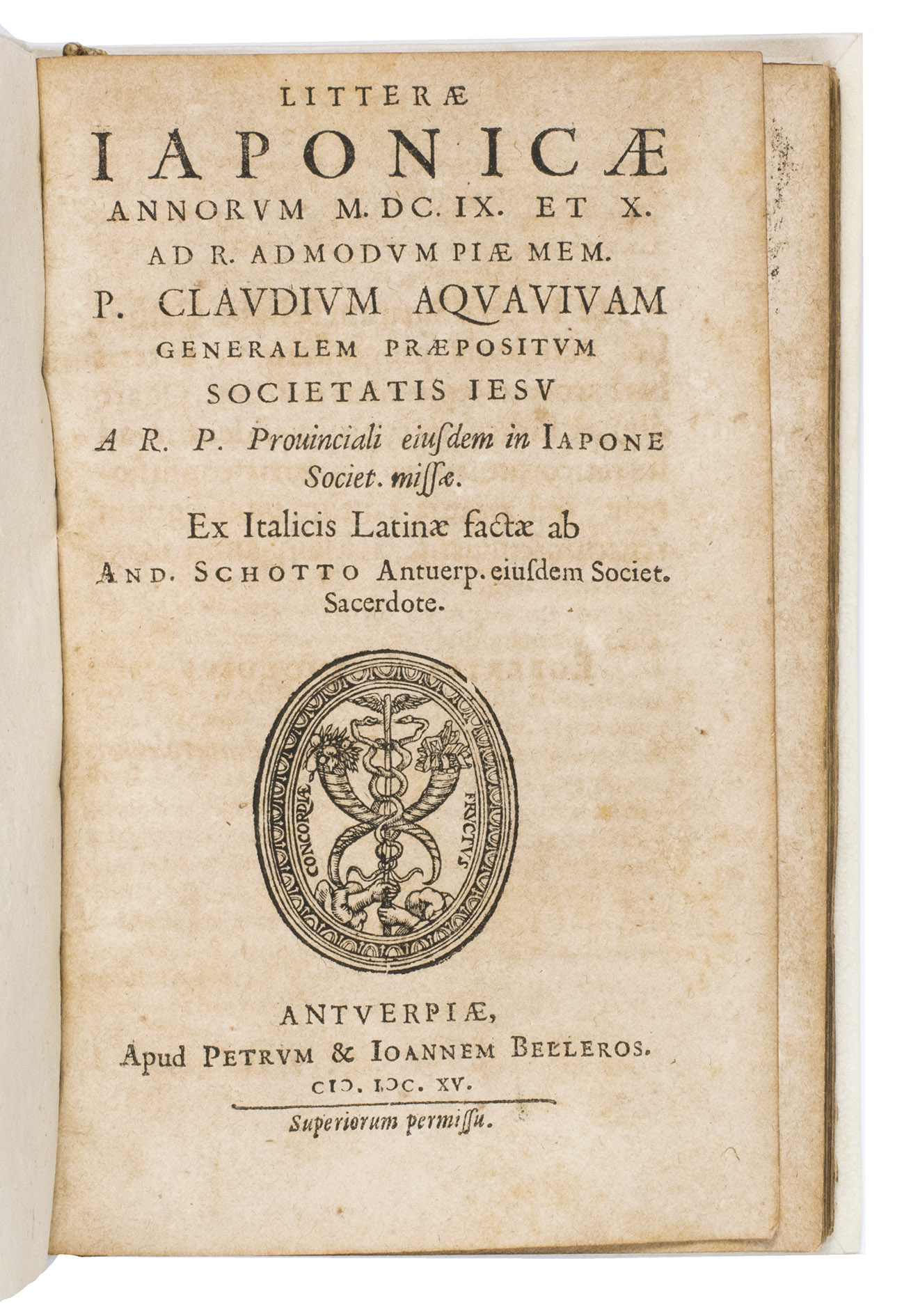 RODRIGUES GIRO, Joo. - Litterae Iaponicae annorum M.DC.IX et X. ad R. admodum piae mem. p. Claudium Aquavivam generalem praepositum Societatis Iesu A.R.P. Provinciali eiusdem in Iapone Societ. Missae.Antwerp, Petrus and Johannes Bellerus, 1615. 8vo. With woodcut printer's device on title-page. Modern limp parchment, gilt edges.