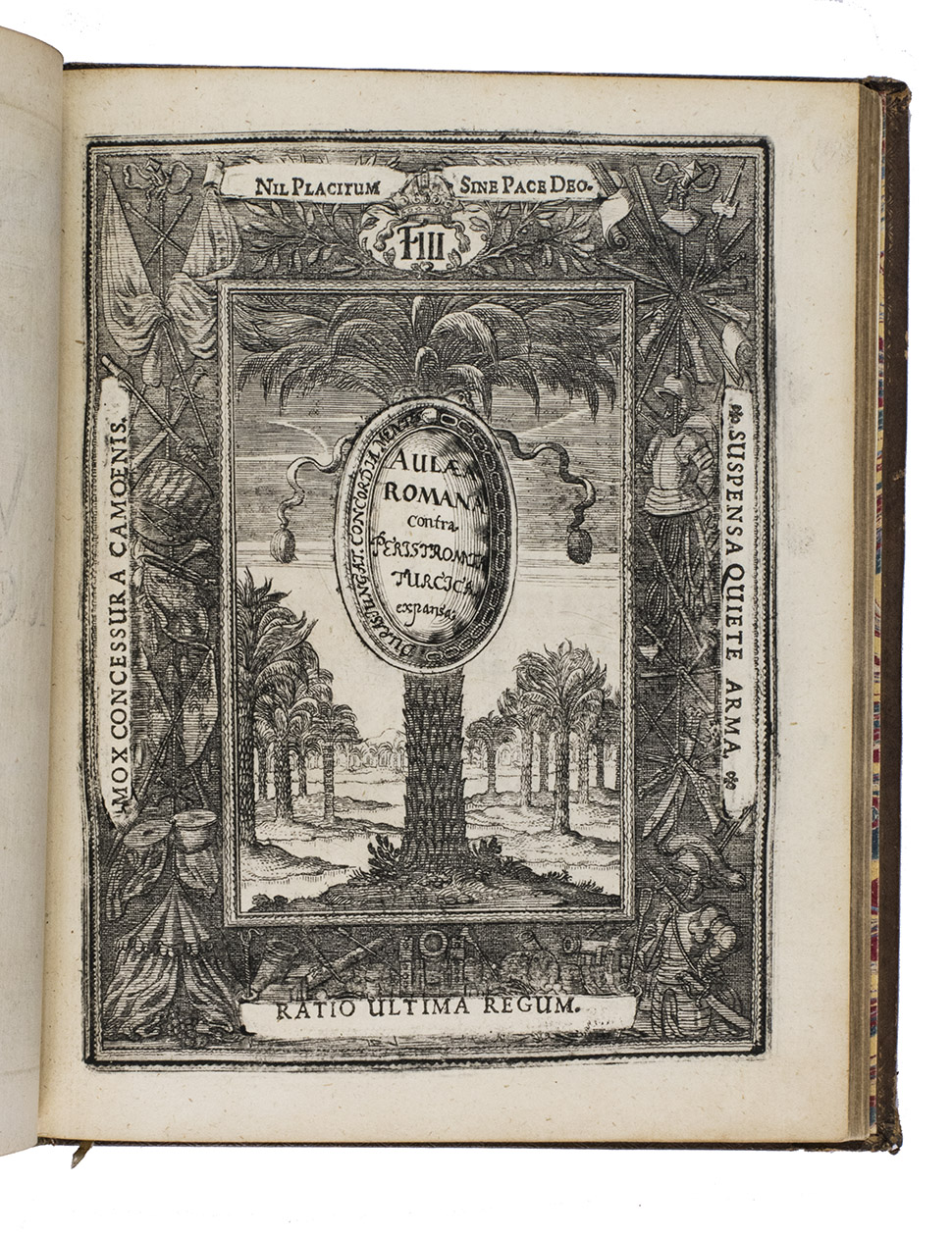 [LA HAYE, Jean de]. - Peristromata Turcica, sive dissertatio emblematica, praesentem Europae statum ingeniosis coloribus repraesentans.With: (2) [HARSDRFFER, Georg Philipp]. Germania deplorata, sive relatio, qua pragmatica momenta belli pacisque expenduntur.(3) [MILAG, Martin]. Aulaea Romana, contra Peristromata Turcica expansa: sive dissertatio emblematica, concordiae Christianae omen repraesentans.(4) [Anonymous French critic of Cardinal RICHELIEU]. Gallia deplorata, sive relatio, de luctuoso bello, quod rex Christianissimus contra vicinos populos molitur.[Nrnberg, Wolfgang Endter] (ad 1 with a false colophon: Paris, Toussaint du Bray), [each title-page with a chronogram:] 1641 (ads 1-2, 4) & 1642 (ad 3). 4 editions published together in 1 volume. 4to. With 4 letterpress title-pages in red and black, each with the date in a chronogram, 2 engraved title-plates plus 12 full-page engraved emblematic illustrations, all on integral leaves, each with a small plate nested in a larger plate (7 in the Peristromata with a varying rectangular central plate in dark blue or black and the same outer plate of a Persian carpet in orange; 7 in the Gallia with a varying oval central plate and the same outer plate representing peace with the palm tree in a landscape device of the Fruchtbringende Gesellschaft and a border representing war with military attributes). Further with 5 woodcut head- and tailpieces (plus 8 repeats), 21 woodcut decorated initials (5 series, at least some actually metal castings made from woodcuts) plus 8 repeats, and cast vine-leaf ornaments, acorns and other fleurons. Set in roman and italic types with incidental Greek and Hebrew. Light brown calf (ca. 1820?) by Charles Murton (ca. 1795?-ca. 1860?) in London, with his stamp on the front paste-down, sewn on 5 cords, gold-tooled spine with black morocco label, gold thick-thin fillets on boards, gold-tooled board edges, blind-tooled turn-ins, curl-marbled endpapers (white, red, blue, yellow and blue-green in that order), and an orange silk ribbon marker.