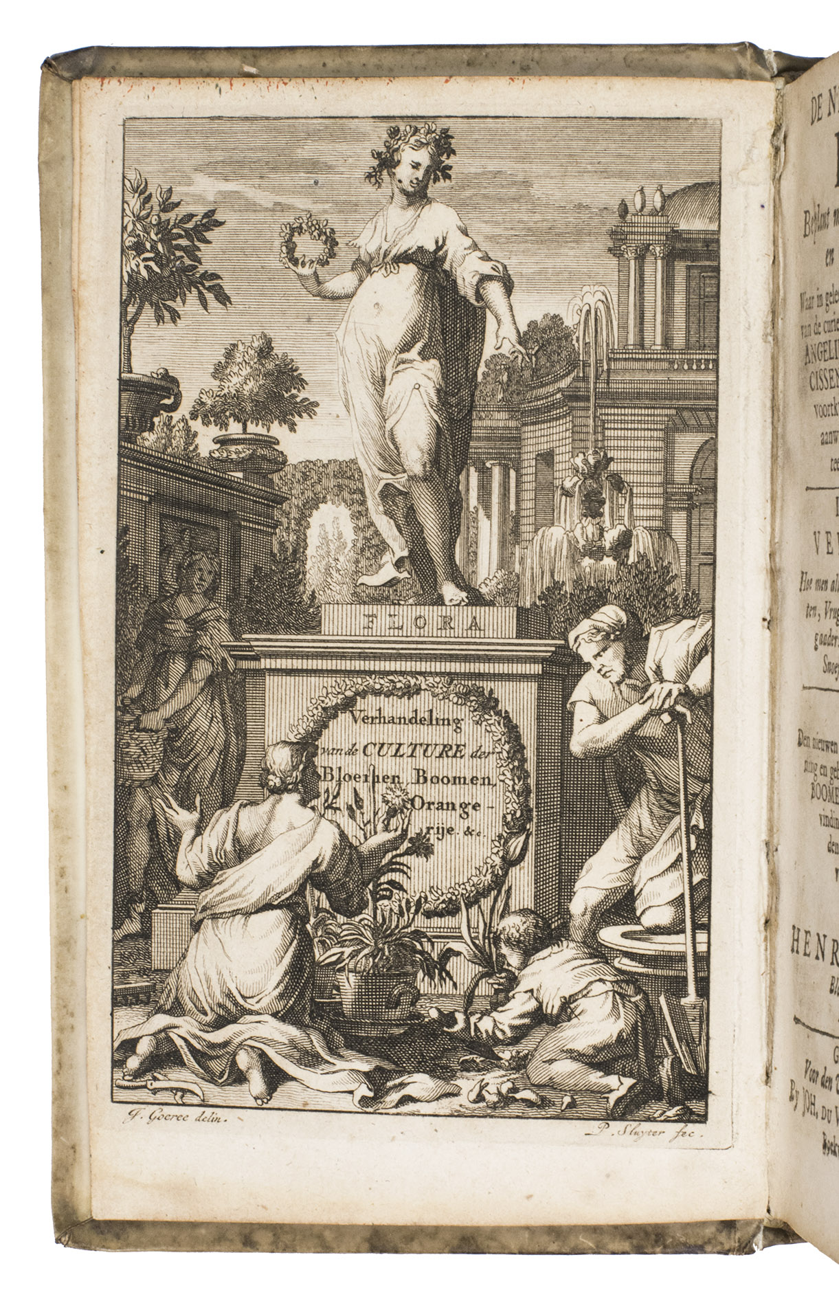 OOSTEN, Hendrik van. - De Neederlandsen hof, beplant met bloemen, ooft en orangerijen; ... Den tweeden druk.With: (2) OOSTEN, Hendrik van. Register van alle de soorten der voornaamste vrugten, ... Dito een register van alle de saaden, behoorende tot de moestuinery. ...Leiden, voor den uitgeever [= Hendrik van Oosten], sold by Johannes Du Vivi and Isaac Severinus, 1703. Small 8vo & large 16mo. With an engraved frontispiece after Jan Goeree by P. Sluyter, and 5 engraved plates. Contemporary vellum.