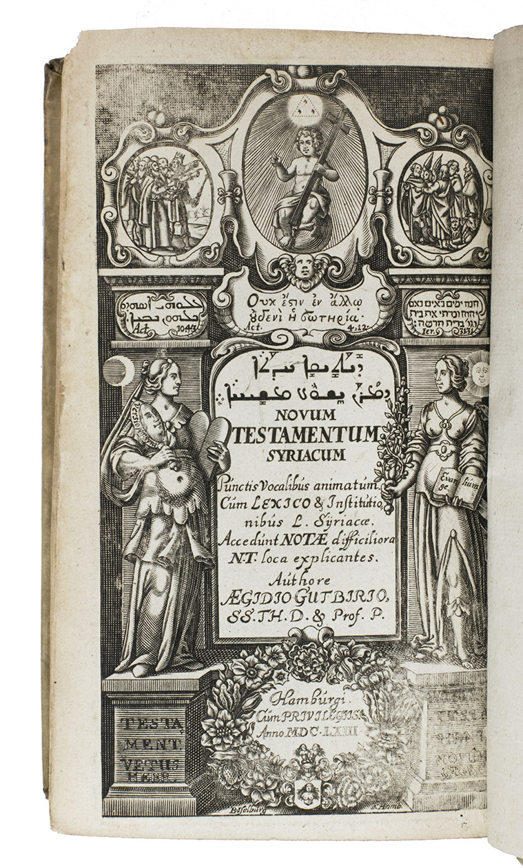 [BIBLE - NEW TESTAMENT - SYRIAC]. GUTBIER, Aegidius. - Novum Testamentum Syriac...Hamburg, Aegidius Gutbier, 1664 (engraved title-page 1663). With: (2) GUTBIER, Aegidius. Lexicon Syriacum, continens omnes N.T. Syriaci dictiones et particulas...Hamburg, Aegidius Gutbier, 1667.(3) GUTBIER, Aegidius. Notae criticae in Novum Testamentum Syriacum... Hamburg, Aegidius Gutbier, 1667.3 works in 1 volume. 8vo. With an architectural title-page, a woodcut vase of flowers on the letterpress title-page and decorations built up from typographic ornaments. With woodcut decorated initials and other decorations built up from typographic ornaments throughout the volume. Set in roman, italic and Syriac types, with incidental Greek and Hebrew. Contemporary vellum, manuscript title on spine.