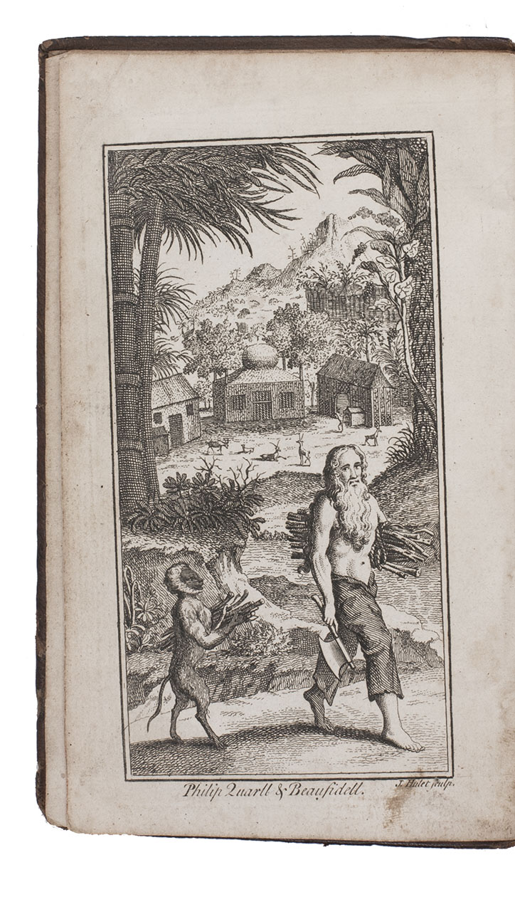 [LONGUEVILLE, Peter]. - The hermit: or, the unparalleld sufferings and surprising adventures of Mr. Philip Quarll, an Englishman: who was lately discovered by Mr. Dorrington, a Bristol merchant, upon an uninhabited island in the South-Sea...London, printed for J. Wren, J. Jefferies and J. Fuller, 1751. 12mo. With engraved frontispiece and engraved map. Contemporary tanned sheepskin, gold fillets and red morocco title-label on spine.