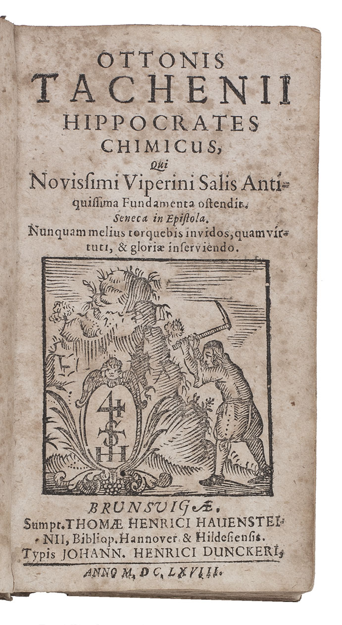 TACHENIUS, Otto. - Hippocrates chimicus, qui novissimi viperini salis antiquissima fundamenta oftendit ...Hannover, Thomas Heinrich Hauenstein, 1668.With: (2) TACHENIUS, Otto. Antiquissimae Hippocratiae medicinae clavis manuali experiential in naturae fontibus elaborate, quaper ignem & aquam inaudita method, occulta naturae, & artis, compendiosa operandi ratione manifesta fiunt, dilucid aperiuntur. Seneca in epistola.Frankfurt, Johann Peter Zubrod, 1669.2 works in 1 volume. 12mo. With a woodcut device on title-page and a woodcut endpiece on last page. Contemporary vellum.