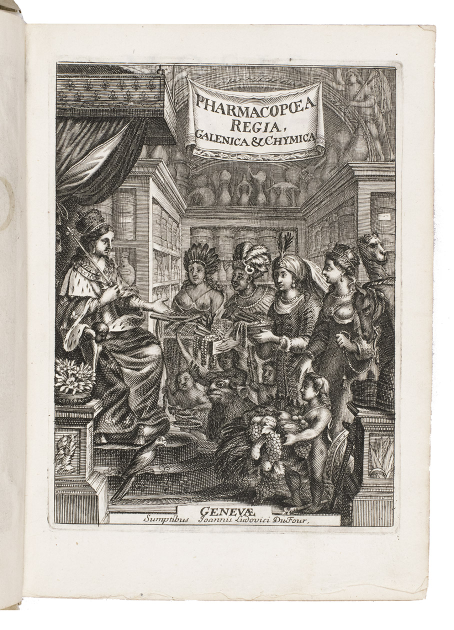 CHARAS, Moyse. - [Engraved title-page:] Pharmacopoea regia Galenice et chymica. [half-title]: Opera tribus tomis distincta: I. pharmacopoea regia galenica II. pharmacopoea regia chymica III. tractatus de theriaca & tractatus de vipera. Comprising: (1) CHARAS, Moyse. Pharmacopoea regia Galenica.(2) CHARAS, Moyse. Pharmacopoea regia chymica.(3) CHARAS, Moyse. Historiam naturalem animalium, plantarum et mineralium, theriacae andromachi compositionem ingredientium, cum experiments circa viperamGeneva, Joannis Ludovici Du-Four, 1684. 3 works published as 1. 4to. With engraved general title-page, engraved author's portrait, 6 engraved plates and 3 engraved folding plates. Contemporary blind-tooled vellum.