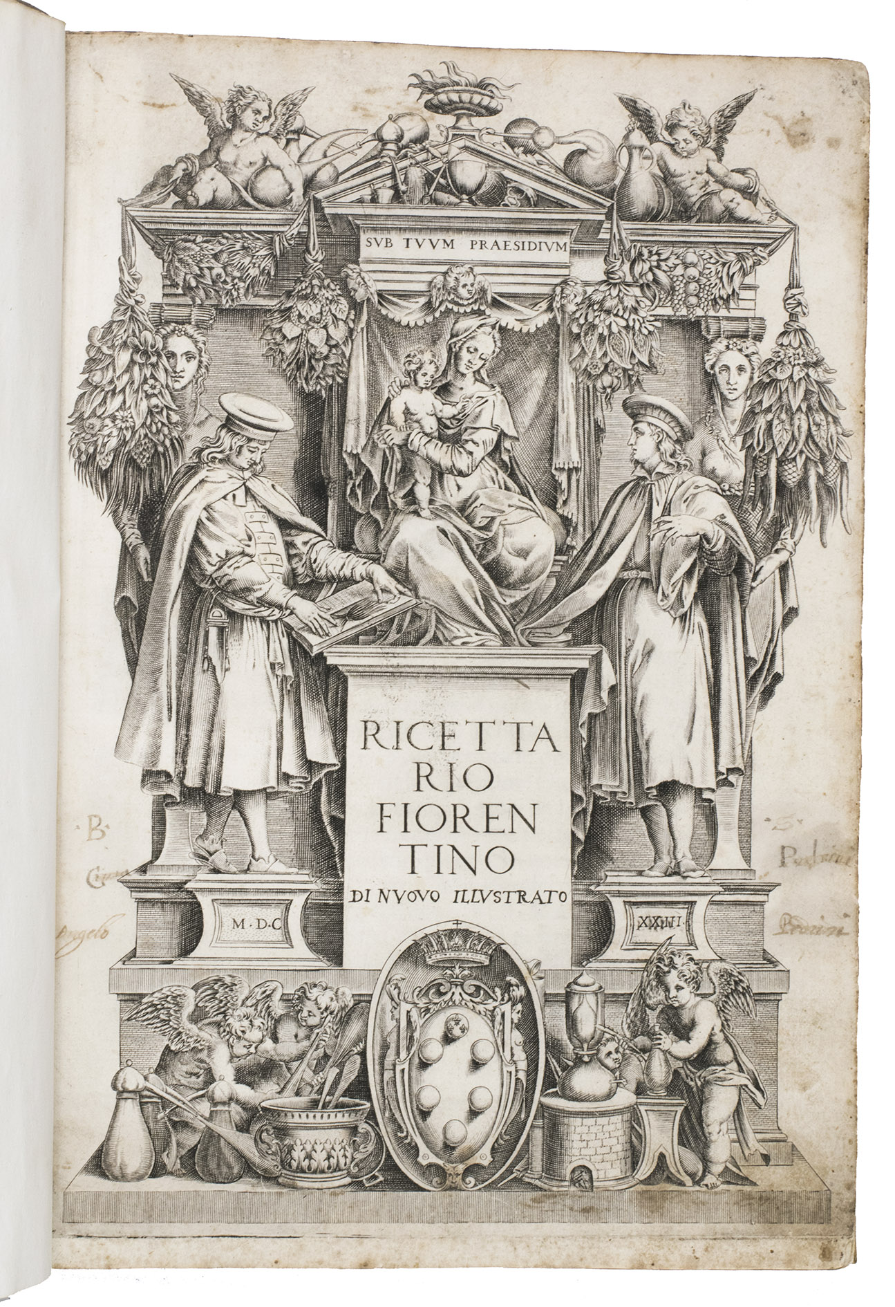 [RICETTARIO FIORENTINO]. - Ricettario fiorentino di nuovo illustrato.(Colophon: Florence, Pietro Cecconcelli, 1623). Folio. With an elaborate architectural engraved title-page, 3 woodcut illustrations in text and a woodcut device above the colophon. 19th-century vellum.