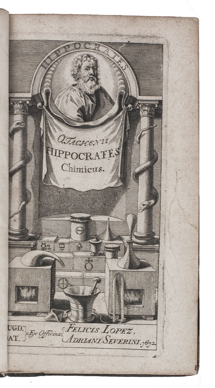 TACHENIUS, Otto. - Hippocrates chimicus, qui novissimi viperini salis antiquissima fundamenta ostendit. With: (2) TACHENIUS, Otto. Antiquissime Hippocraticae medicinae clavis, ... Leiden, Felix Lopez De Haro and Adrianus Severinus, 1671. 2 works in 1 volume. 12mo. With newly engraved pharmaceutical title-page with a portrait of Hippocrates. Contemporary mottled calf, rebacked with modern endpapers.