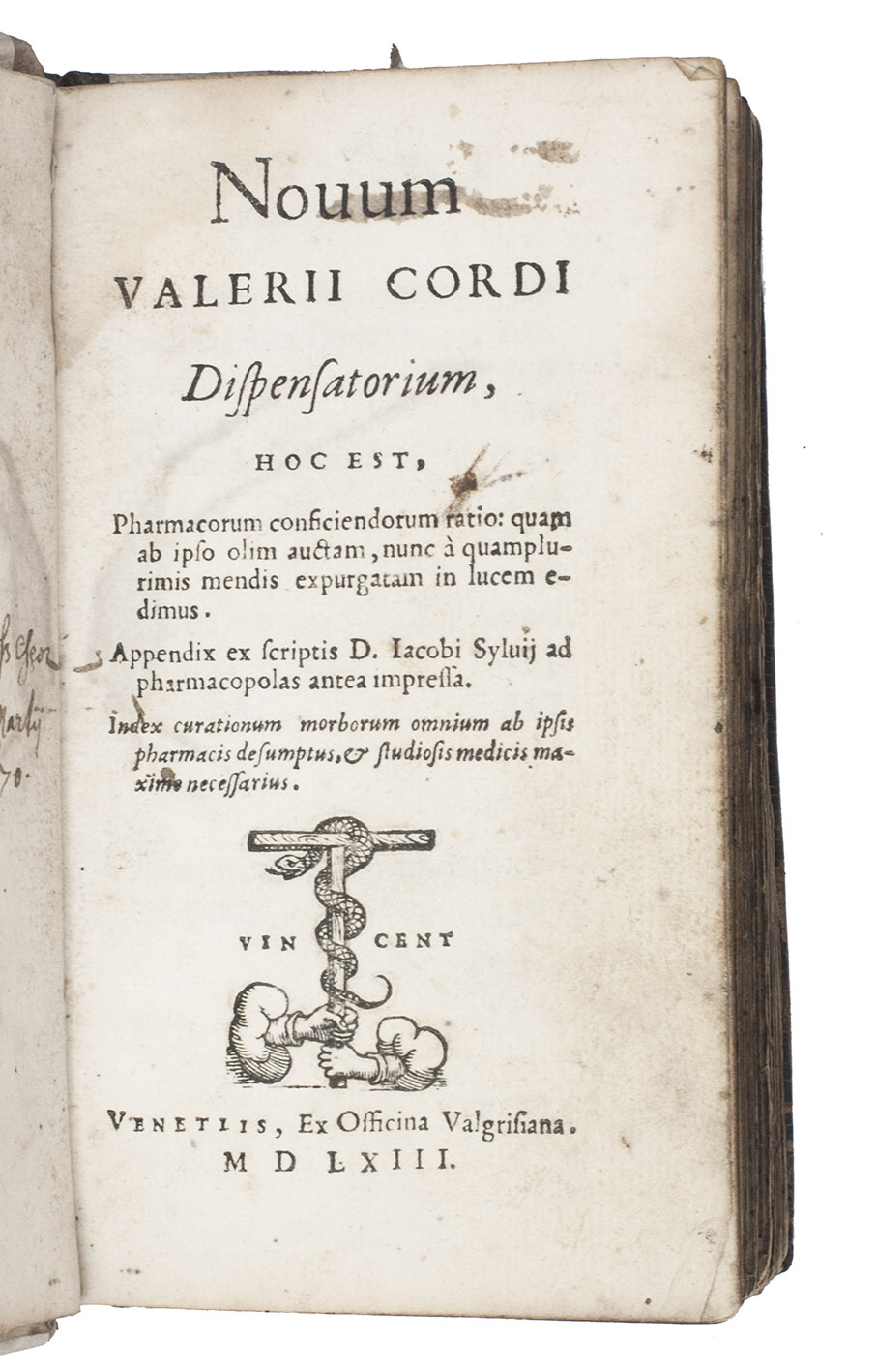CORDUS, Valerius. - Novum  dispensatorium, hoc est, pharmacorum conficiendorum ratio: quam ab ipso olim auctam, nunc  quamplurimis mendis expurgatam in lucem edimus.Venice, Vincenzo Valgrisi, 1563. 12mo. Contemporary blind-tooled calf, spine reinforced with white paper.