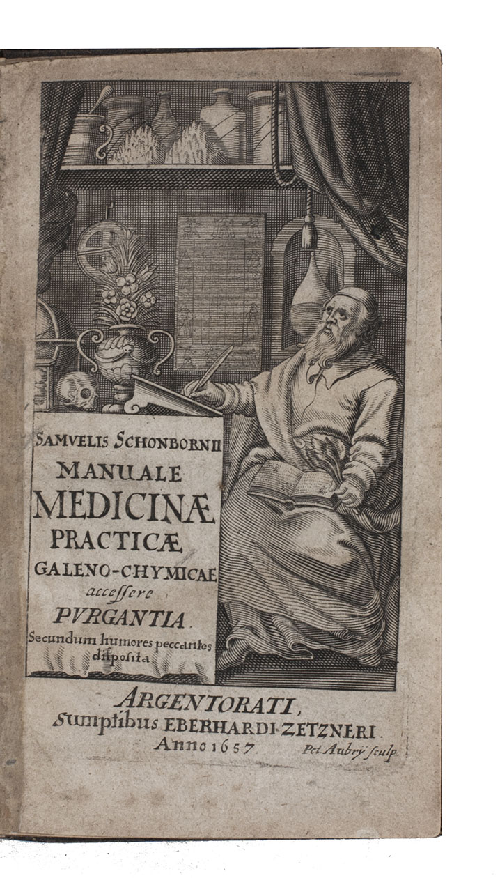 SCHNBORN, Samuel. - Manuale medicinae practicae Galeno-chymicae accessere purgantia. Secundum humores peccantes disposita.Strasbourg, Eberhard Zetzner, 1657. 12mo. With engraved title-page. Modern boards.