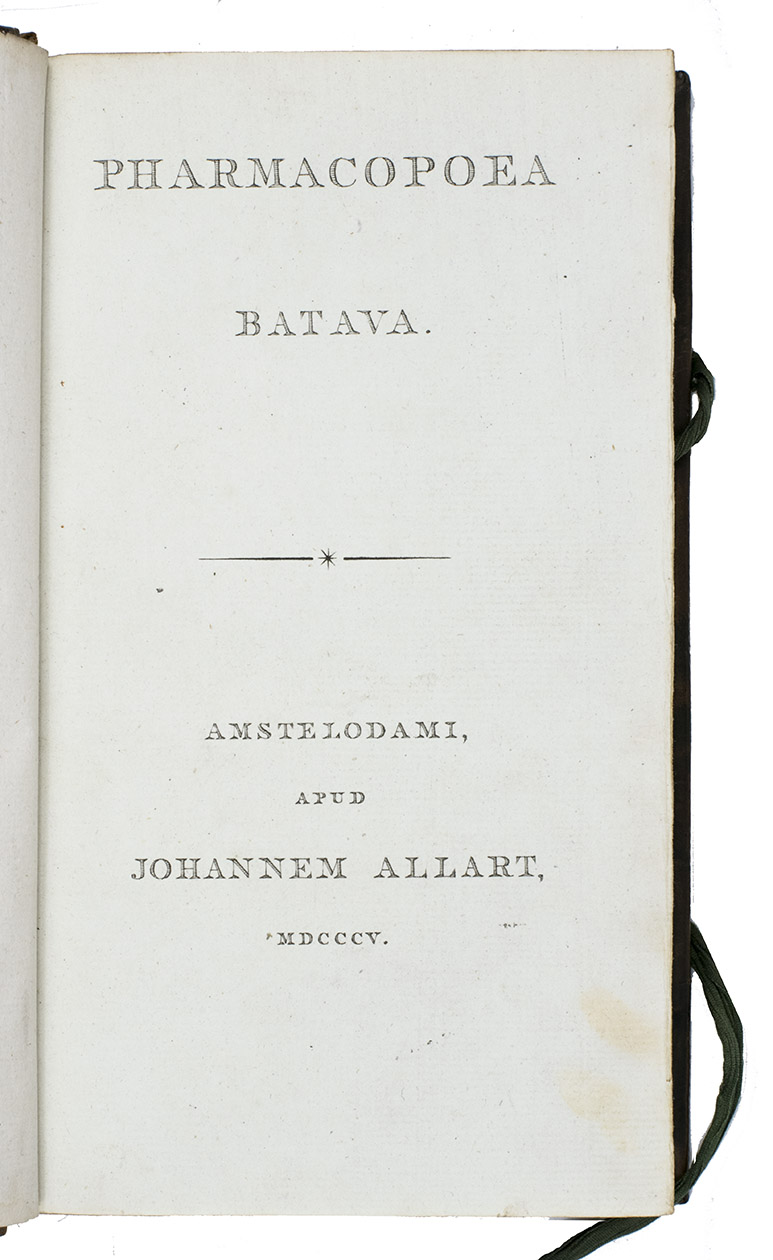 [PHARMACOPEIA - THE NETHERLANDS]. - Pharmacopoea Batava.Amsterdam, Johannes Allart, 1805. Large 8vo. With 2 folding tables. Prize-book of the Latin School at Haarlem: polished mottled calf with gilt panel of the city-virgin of Haarlem holding the coat-of-arms of the city as her shield; underneath the motto: Vicit vim virtus, on both sides, ornamental gilt border along the edges of both sides, spine gilt with orange title label lettered in gold, gilt binding edges, green ties. Complete with the dedication of the Latin school, presenting the book to Jacob Warning, dated Haarlem, 17 Dec. 1817 and signed by the rector and teachers of the school, bound in before the first fly-leaf.