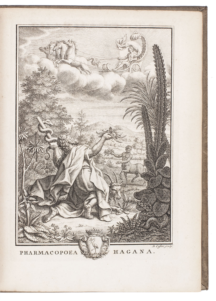 [THE HAGUE - PHARMACOPOEIA]. COLLEGIUM MEDICORUM. - Pharmacopoea Hagana ex auctoritate magistratus poliatrorum opera instaurata et aucta.The Hague, Frederik Boucquet, 1738. 4to. With frontispiece engraved by David Coster and 2 folding engraved tables of pharmacological symbols with their meanings. Contemporary vellum.