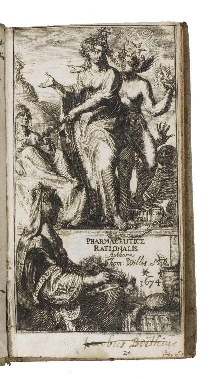 WILLIS, Thomas. - Pharmaceutice rationalis sive diatriba de medicamentorum operationibus in humano corpore.The Hague, Arnold Leers, 1674. 12mo. With an engraved emblematic frontispiece by Romeyn de Hooghe, dated 1674, and 6 folding engraved plates of human stomach and intestines. Contemporary(?) vellum, with a red morocco spine label, red sprinkled edges.