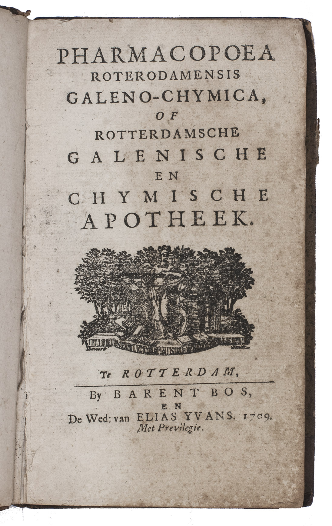 [ROTTERDAM - PHARMACOPOEIA]. - Pharmacopoea Roterodamensis Galeno-chymica, of Rotterdamsche Galenische en chymische apotheek.Rotterdam, Barent Bos and widow of Elias Yvans, 1709. 8vo. With woodcut device on title-page. Contemporary half calf, gold-tooled spine with a tulip motif.