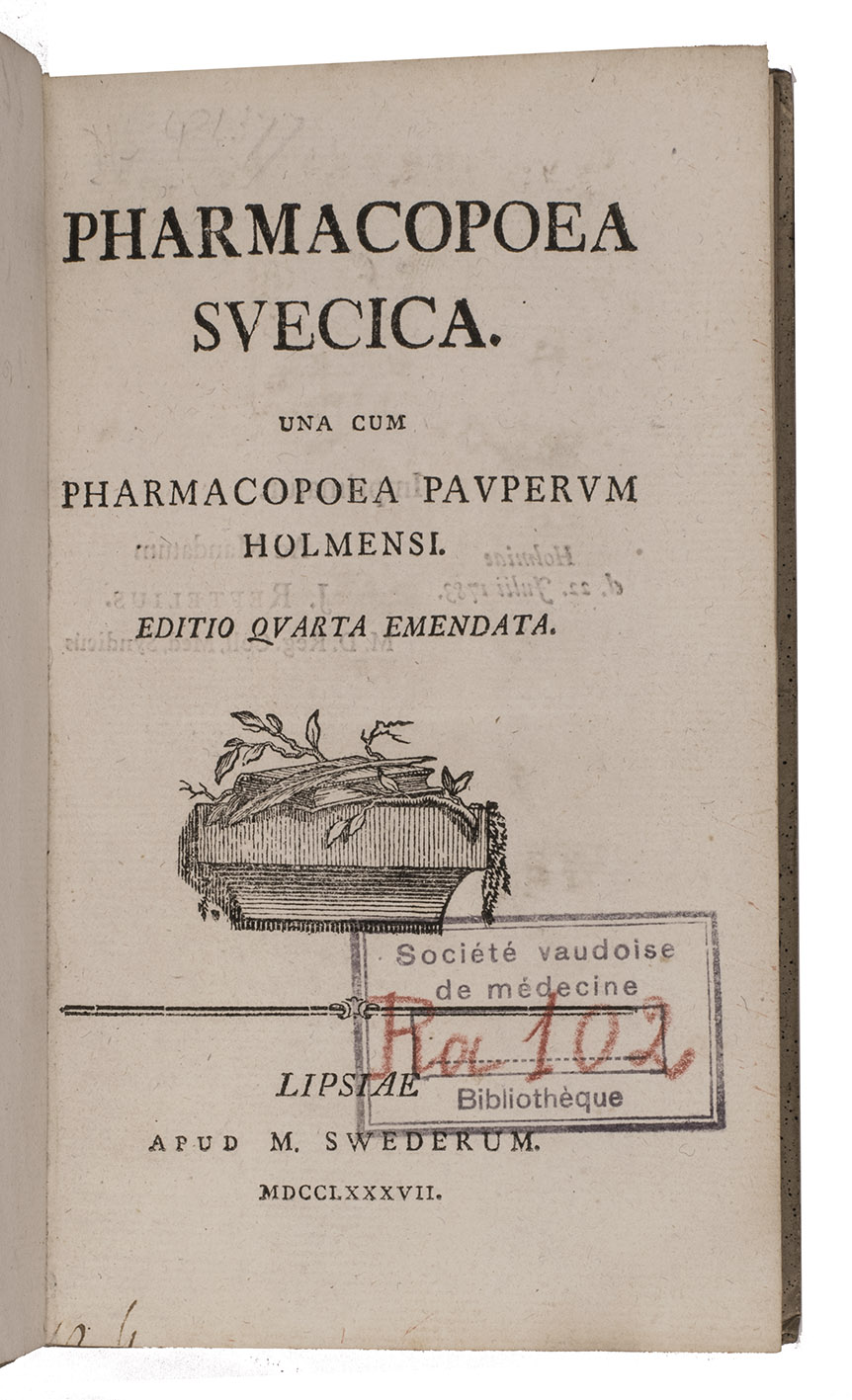 [SWEDEN  PHARMACOPOEIA]. - Pharmacopoea Svecica. Una cum pharmacopoea pauperum Holmensi. Editio quarta emendata.Leipzig, Magnus Swederus, 1787. 8vo. Contemporary bands.