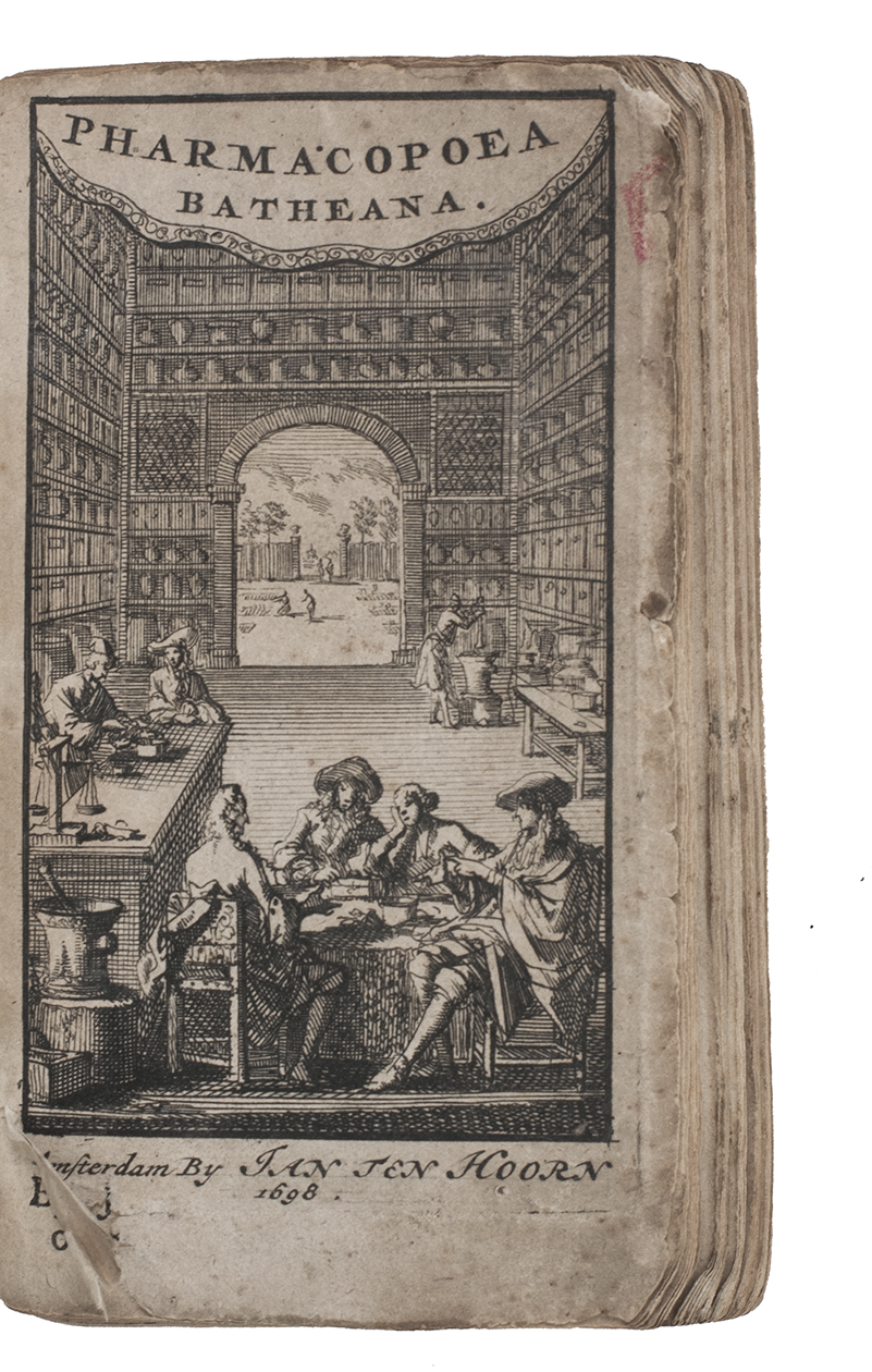 BATE, George and James SHIPTON. - Pharmacopoea Batheana. Ofte den apotheek van de heer Georgius Bath ...Amsterdam, Jan ten Hoorn, 1698. 12mo. With an engraved title-page by Jan Luyken. 19th-century marbled wrappers.