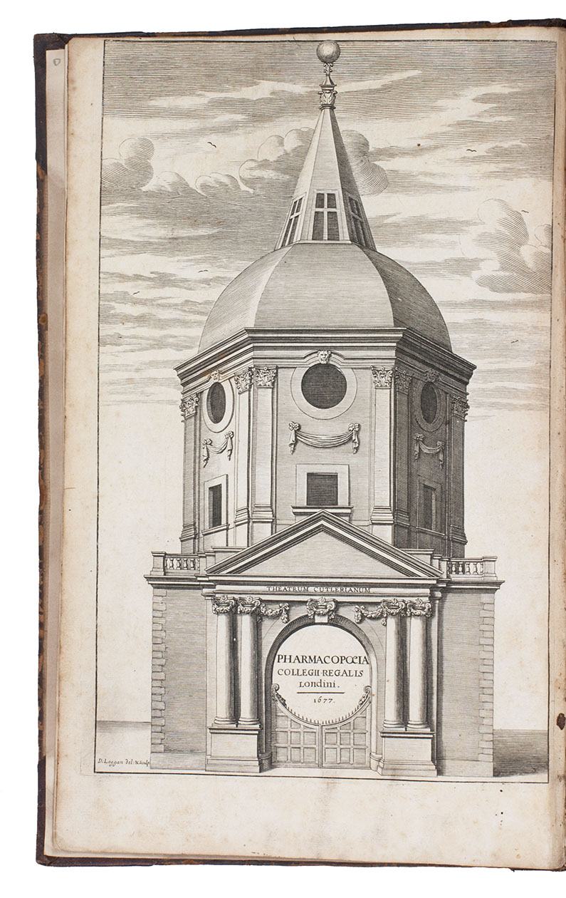 [LONDON - PHARMACOPOEIA]. ROYAL COLLEGE OF PHYSICIANS. - Pharmacopoeia Collegii Regalis Londini.London, Thomas Newcomb for John Martyn, John Starkey, Thomas Basset, John Wright, Richard Chiswell, Rob Boulter, 1677. Small folio (31.5 x 20 cm). With an engraved frontispiece drawn and engraved by David Logan, a folding engraved view of the Royal College of Medicine also by Logan, and the large woodcut coat of arms of Charles II on title-page. Contemporary or near contemporary calf, gold-tooled board edges. Rebacked (in the late 19th century?) preserving the original endpapers along with new ones.