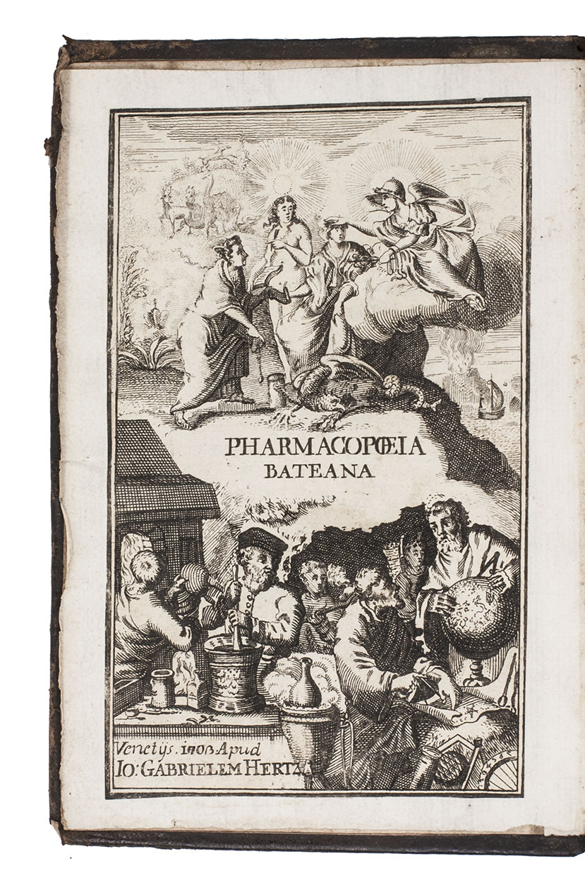 BATE, George. - Pharmacopoeia Bateana, seu pharmaca è praxi Georgii Batei, ... excerpta, cum viribus & dosibus annexis. Nec non Arcana Goddardiana; & Orthotonia medicorum observata: item Tabula posologica; atque appendix ad Pharmacopoeiam Bateanam, ex autographo eximii auctoris. Cum indice morborum, curationum, &c. Huic tandem novissimae edition accessit Jacobi Le Mortii chymia vindicata, & comparata, philosophia medica, atque theoria hominis, & morborum.Venice, Giovanni Gabriele Hertz, 1703. 8vo. With an engraved frontispiece after Adriaan Schoonebeeck. Contemporary calf, gold-tooled spine, marbled endpapers.