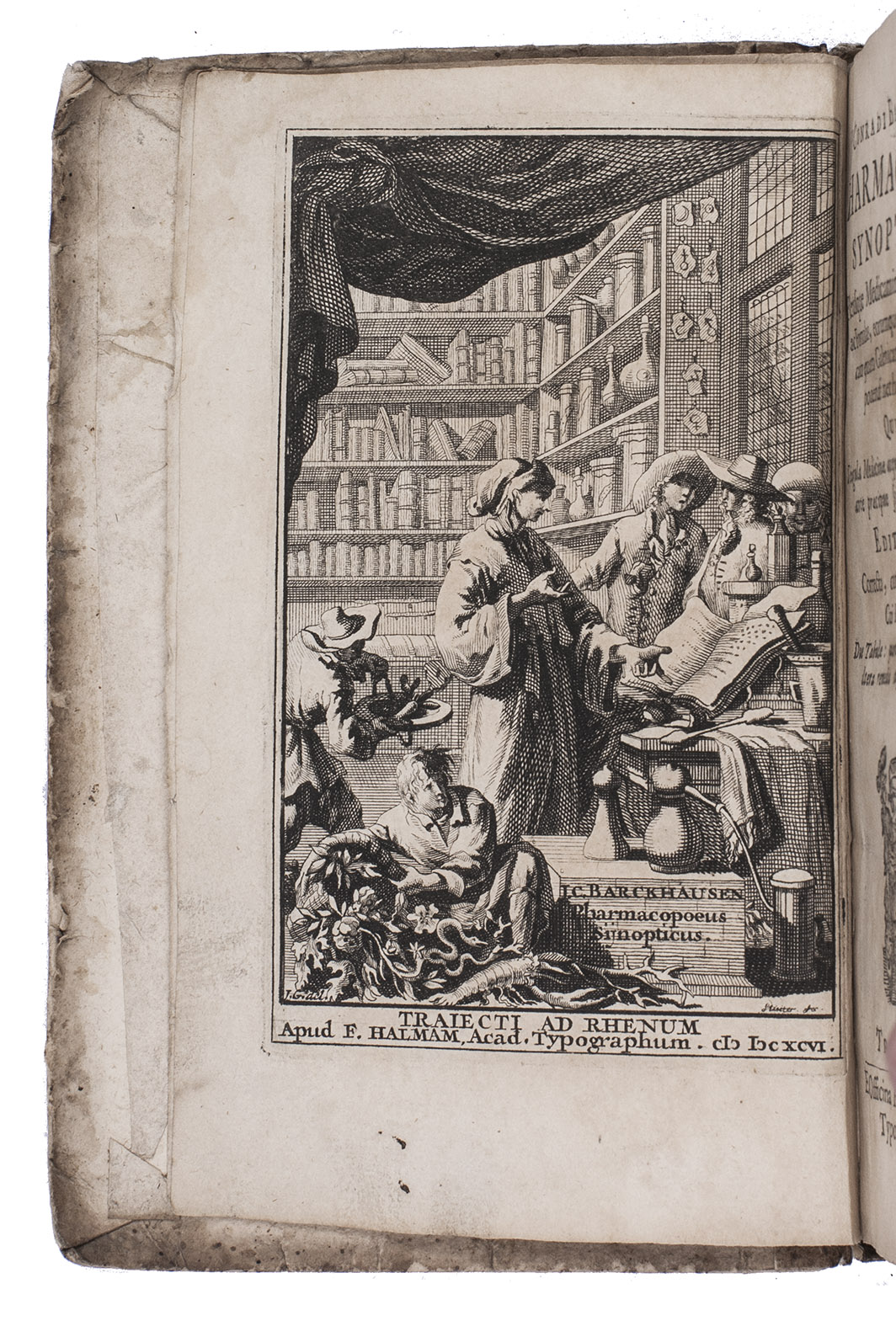 BARCHUSEN, Joannes Conradus. - Pharmacopoeus synopticus. Plerasque medicaminum compositions, ac formulas, eorumque dextram tam chemicam quam Galenicam conficiendi & componendi methodum exhibens. Quin et singular medicinae atque pharmaciae studiosis hac in arte precipuenecessaria demonstrans. Editio secunda, correcta Utrecht, Franois Halma, 1696. 8vo. With engraved frontispiece showing the interior of an apothecary shop by Sluiter after J.G., Halmas woodcut device, head- and tailpieces and initials. Contemporary paper over thin boards.