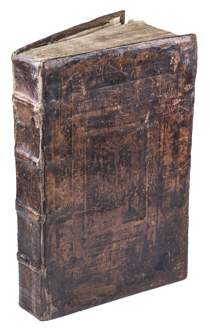 PLINIUS SECUNDUS, Gaius. - Opus divinum, cui titulus historiae naturalis, multoqua[m] antehac unqua[m] prodiit in luce[m] castigatius, una cu[m] annotationibus Hermanolai Barbari ...Paris, Jean Petit (colophon: Nicolaus Sauetier), 1526. 2 parts in 1 volume (bound in reverse order). Folio. With title-page to the main work (bound second) printed in red and black and title-page to the index (bound first), each in a four-piece woodcut border. Contemporary or near contemporary calf, with the boards richly blind-tooled in a panel design; rebacked with part of the original backstrip laid down.