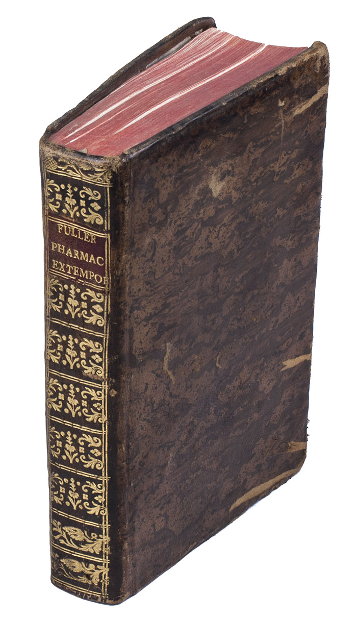 FULLER, Thomas. - Pharmacopoeia extemporanea, sive praescriptorum chillias,  Editio nova.Including: FRAUNDORFFER, Philipp. Tabula smaragdina medico-pharmaceutica. CHRISTIAN, Wolfgang. Thesaurus Ludovicianus, sive compendium materiae med. selectum ex. B. Ludovici pharmacia.JACKSON, Joseph. Enchiridion medicum practicum, sive tractatus de morborum praxi.Venice, Francesco Pezzana, 1783. 8vo. 4 works published as 1. Contemporary tree calf, richly gold-tooled spine.