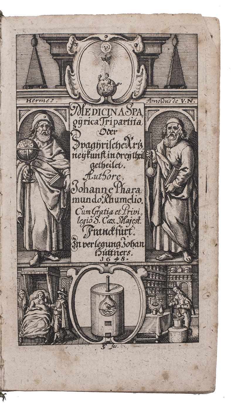 RHUMEL (RHUMELIUS), Johann Pharamund. - Medicina spagyrica oder spagyrische Artzneykunst. In welcher I. Compendium Hermeticum,  II. Antidotarium chymicum,  III Jatrium chymicum,  mit Hinzuthuung Pharmacopoea chymica und Herbarii Hermetica zusammen gelesen, und in gewisse Ordnung gebracht. [Engraved title-page:] Medicina spagyrica tripartita.Frankfurt, Johann Httner, 1648. 12mo. With an engraved frontispiece by Sebastian Furck (with his monogram at the foot), including portraits of Hermes Trismegistus and Arnaldus de Villa Nova. Contemporary vellum.