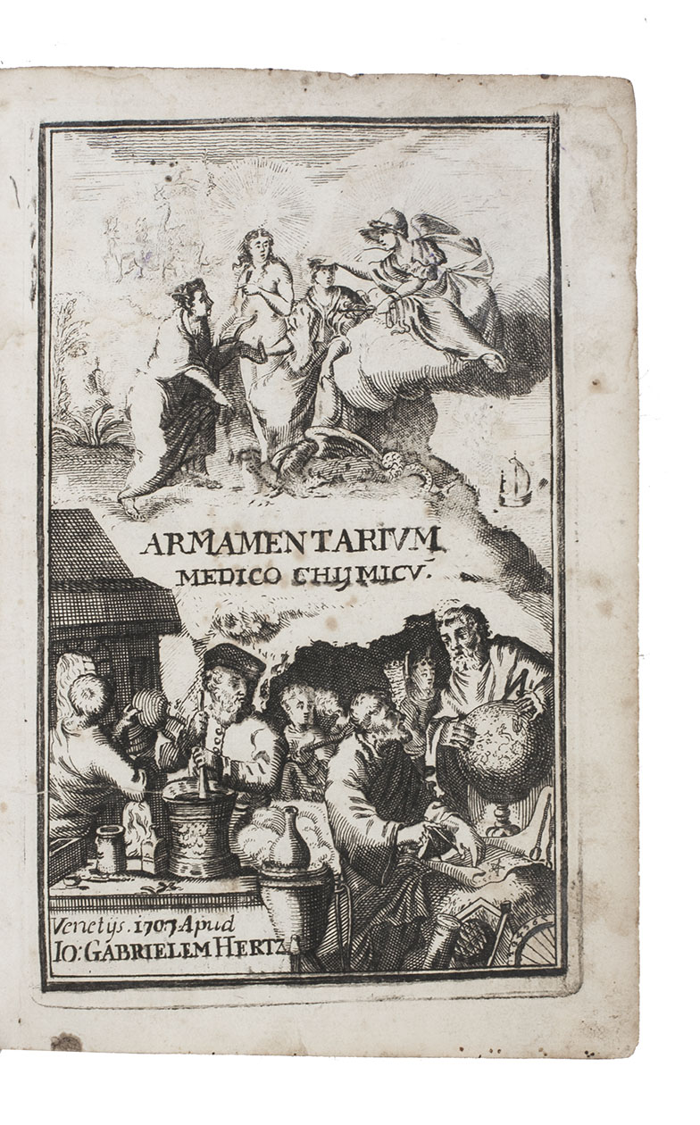 MYNSICHT, Adrian von. - Thesaurus et armamentarium medico-chymicum.Venice, Johann Gabriel Hertz, 1707. 4 parts in 1 volume. 8vo. With engraved title-page. Contemporary limp sheepskin parchment.