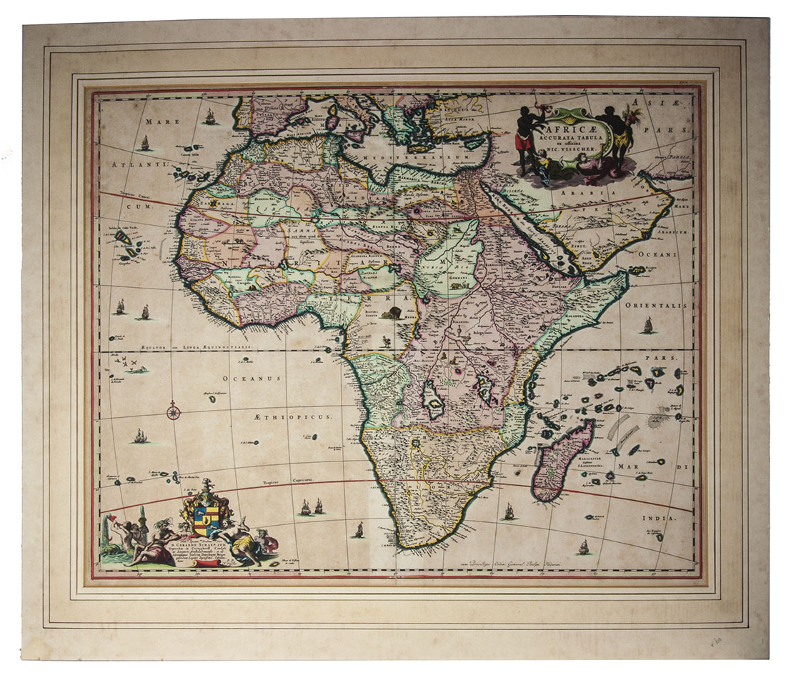 [MAP - AFRICA]. VISSCHER, Nicolaas. - Africae accurata tabula.[Amsterdam], Nicolas Visscher, [ca. 1690?]. Engraved double-page map (image size: 43.5 x 54 cm; leaf size: 51 x 60 cm), coloured by a contemporary hand. With title in a decorated cartouche on the top right flanked by two Africans and two putti and dedication to Gerardus Schaap in a decorated cartouche on the bottom left, with Schaap's coat of arms on top and flanked by mythical figures. Further illustrated with small ships and African animals (including lions, monkeys, rhinoceros and ostriches). In passepartout (56 x 66 cm).