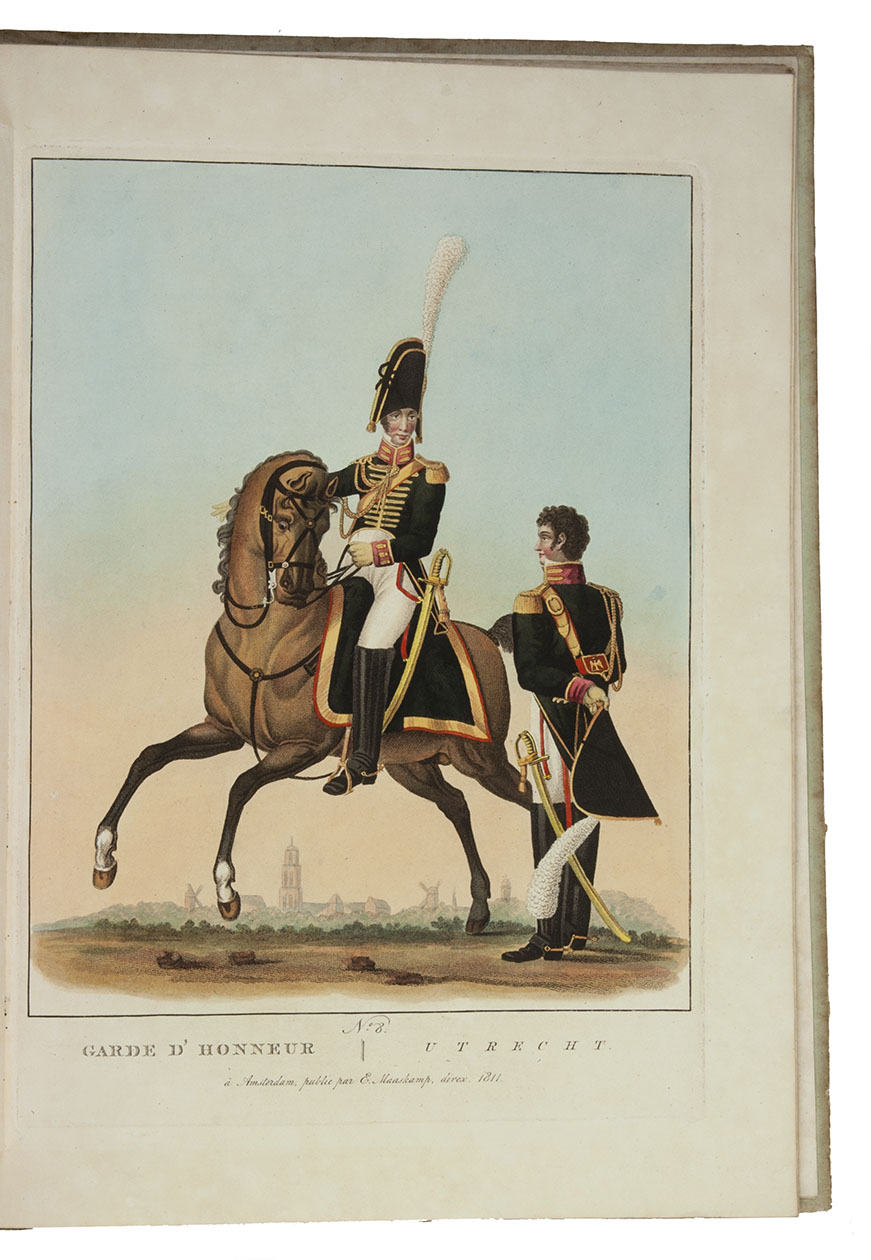 [MILITARY UNIFORMS]. - Uniformes des gardes d'honneur des diffrens corps dans les sept dpartemens de la Hollande; forms pour la rception de ... l'Empereur et Roi. ...| Uniformen van de gardes d'honneur, van de onderscheiden corpsen in de zeven dpartementen van Holland; opgericht tot de ontfangst van ... den Keizer en Koning. Amsterdam, Evert Maaskamp, [1811]. Royal folio (42.5 x 32 cm). With 12 aquatint costume plates (plate size 32.5 x 23 cm), in the publisher's original hand-colouring, with the original tissue guard leaf tipped onto each plate. Recent boards, with the original plain paper wrappers laid down. Kept in a matching green half morocco clamshell box.